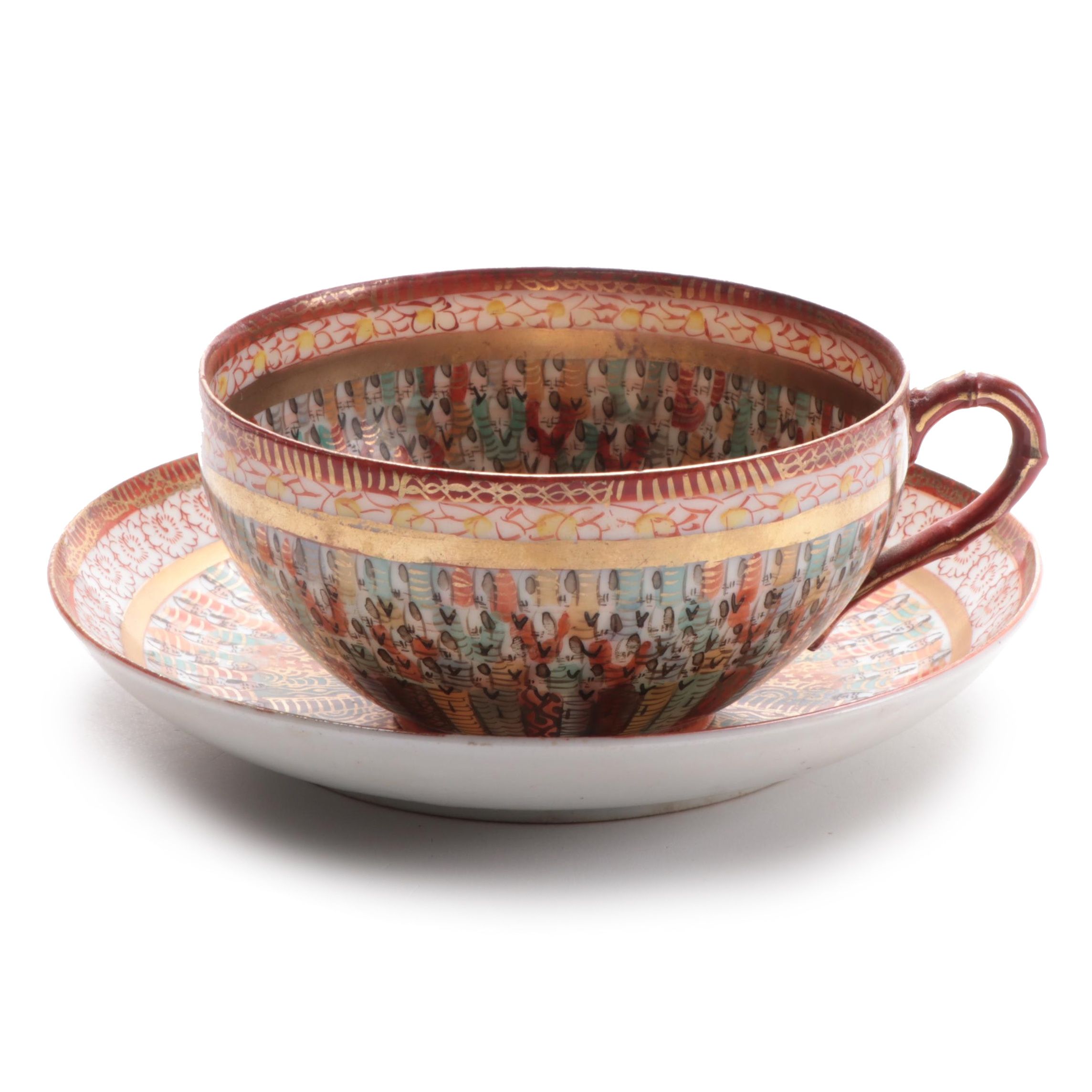 Japanese Kutani Ware "Thousand Faces" Porcelain Teacup and Saucer