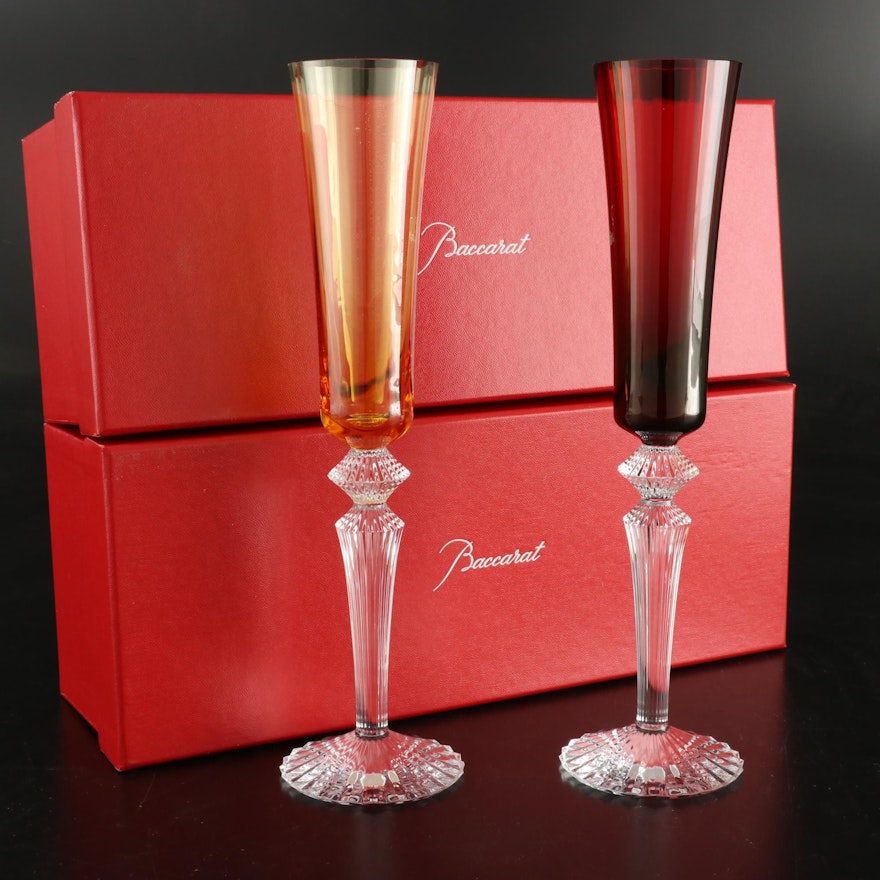 Baccarat "Mille Nuits" Ruby and Amber Crystal Champagne Flutes