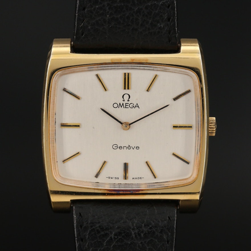 1973 Omega Geneve Gold Plated Stainless Steel Stem Wind Wristwatch