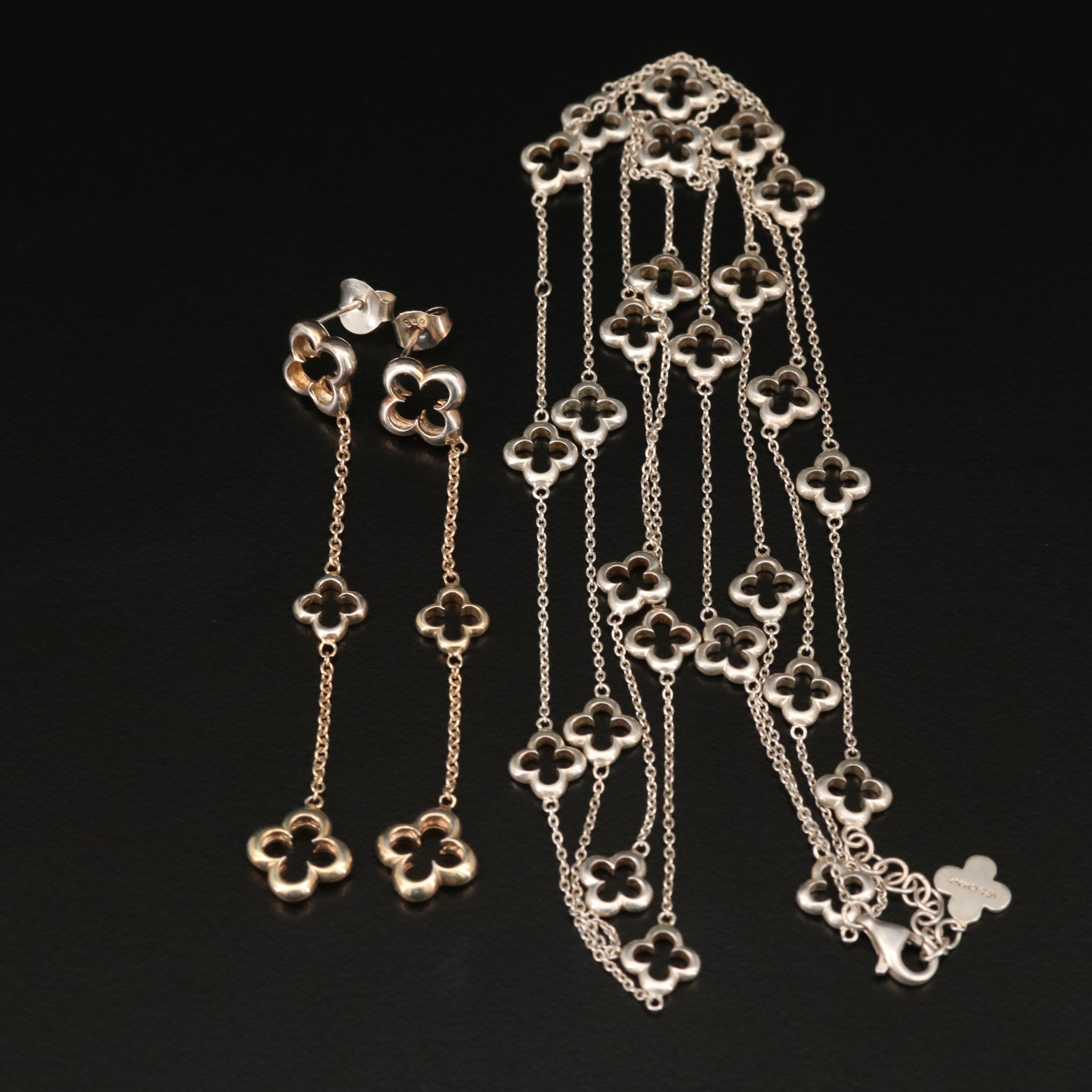 Heidi Klum Sterling Silver Quatrefoil Station Necklace and Drop Earrings