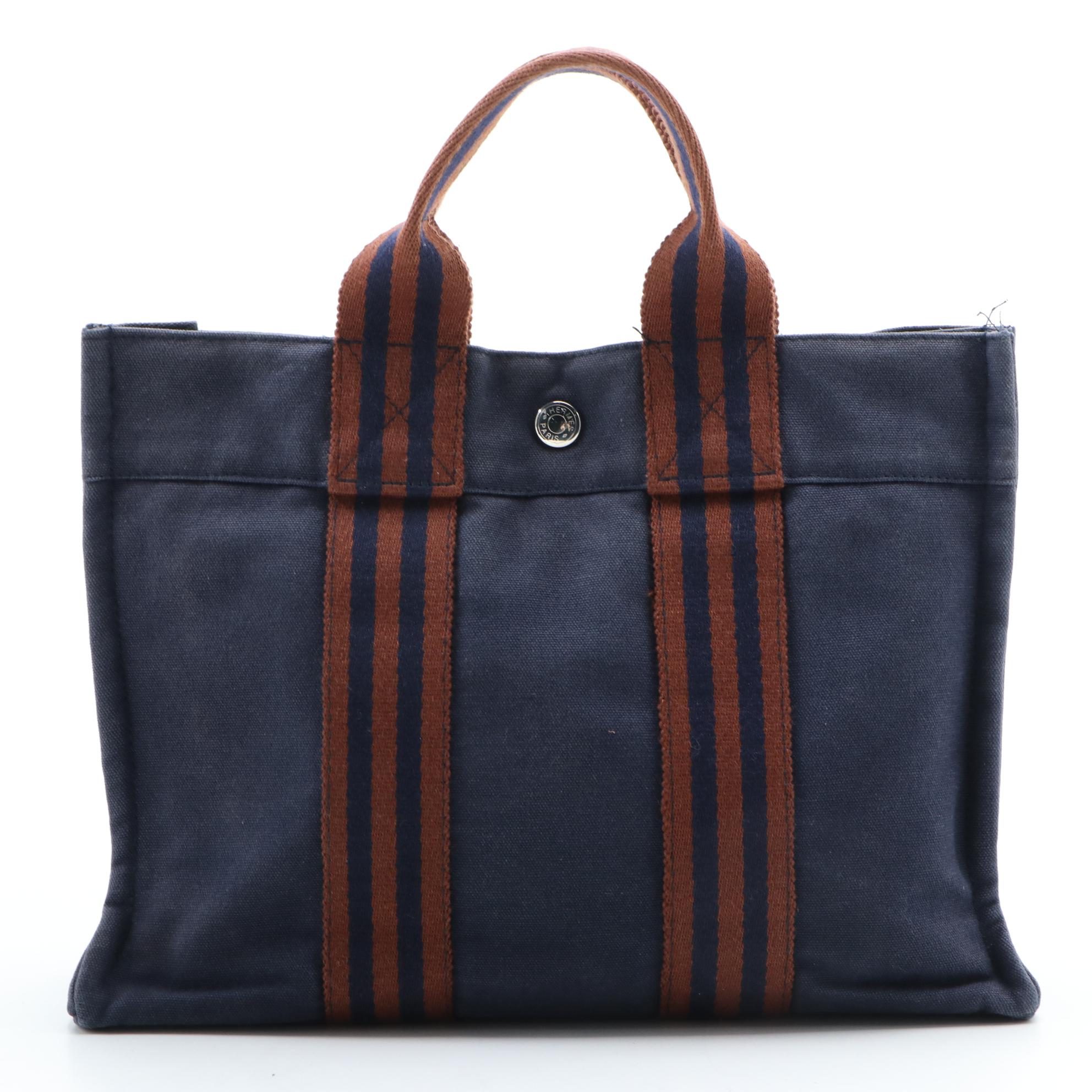 Hermès Fourre Tout PM Tote Bag in Navy Blue and Rust Canvas