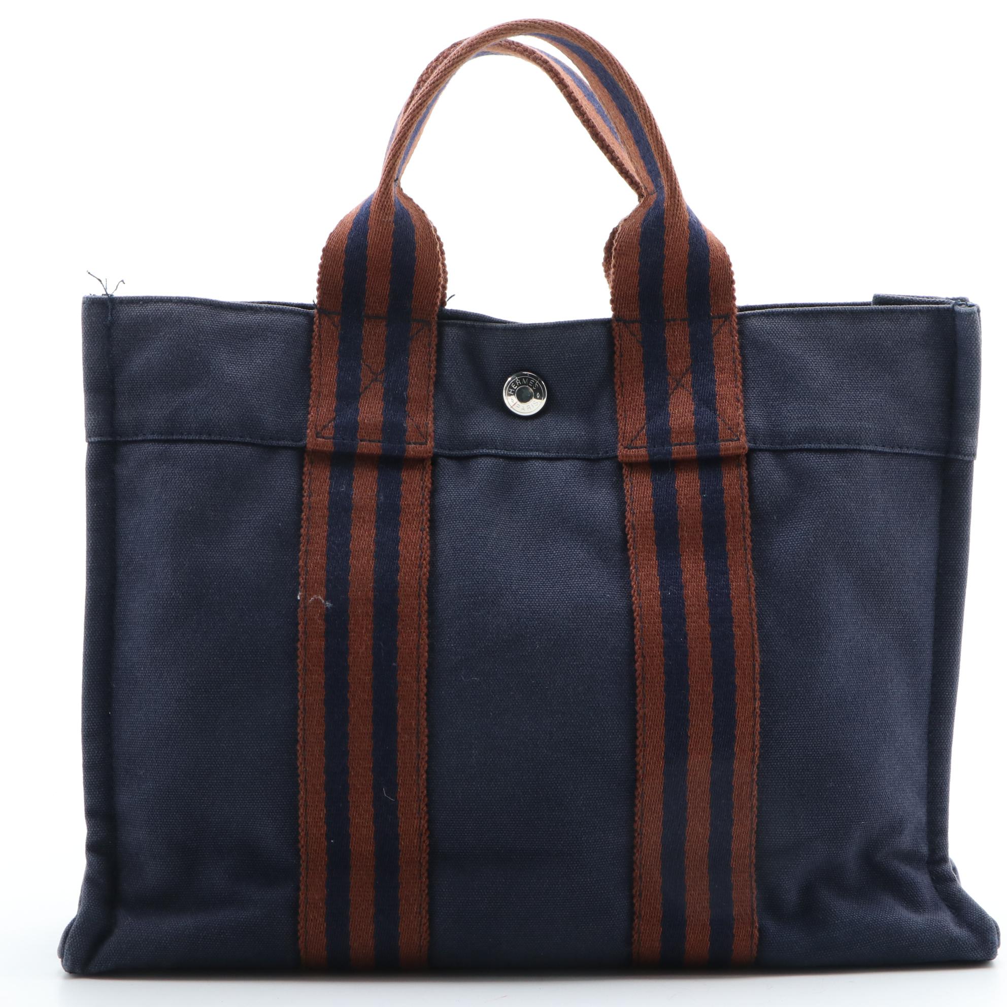 Hermès Fourre Tout PM Tote Bag in Navy Blue and Rust Canvas