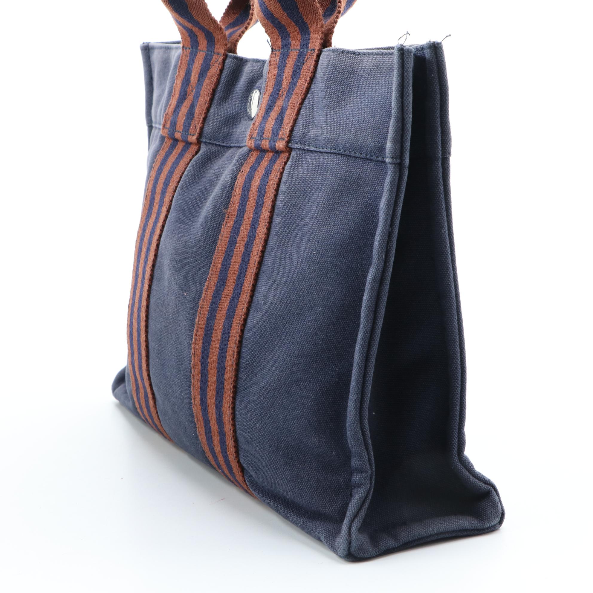Hermès Fourre Tout PM Tote Bag in Navy Blue and Rust Canvas