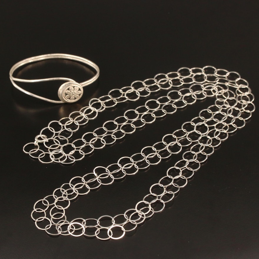 Sterling Silver Cable Chain Necklace and Flower Bangle
