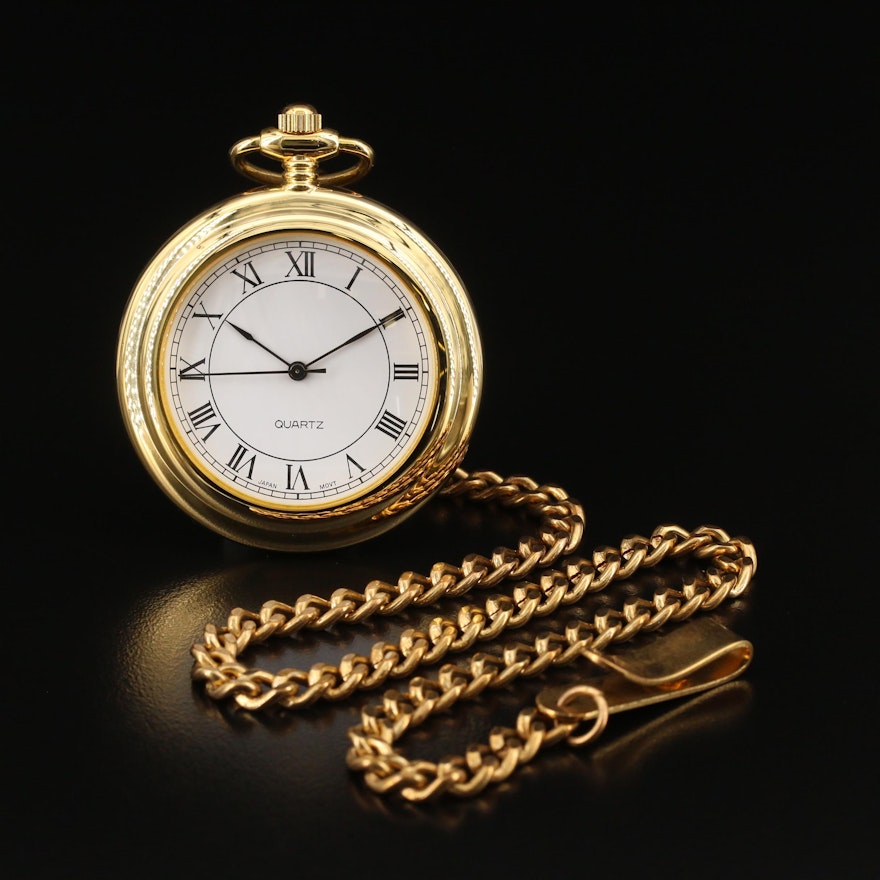 Quartz Pocket Watch with Roman Numerals and Chain Fob