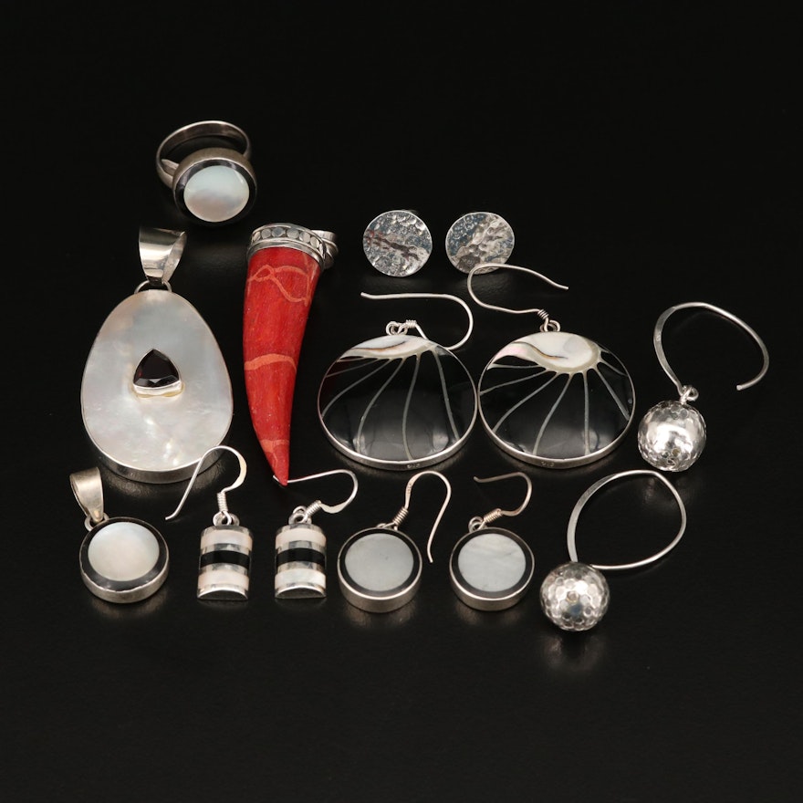 Sterling Silver Jewelry Featuring Coral, Mother of Pearl and Garnet