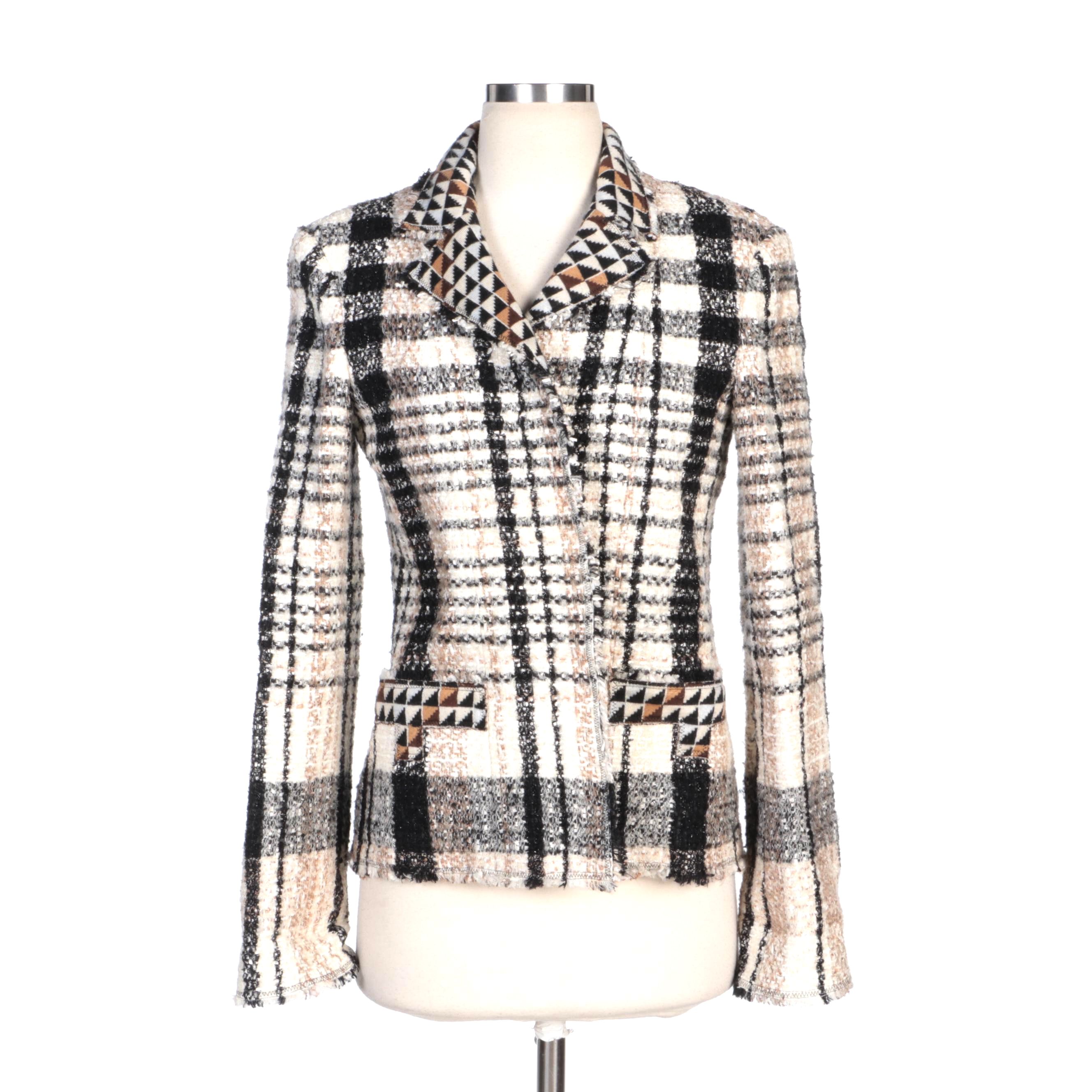 Chanel Cream and Brown Tweed Open Front Jacket with Fringed Edges