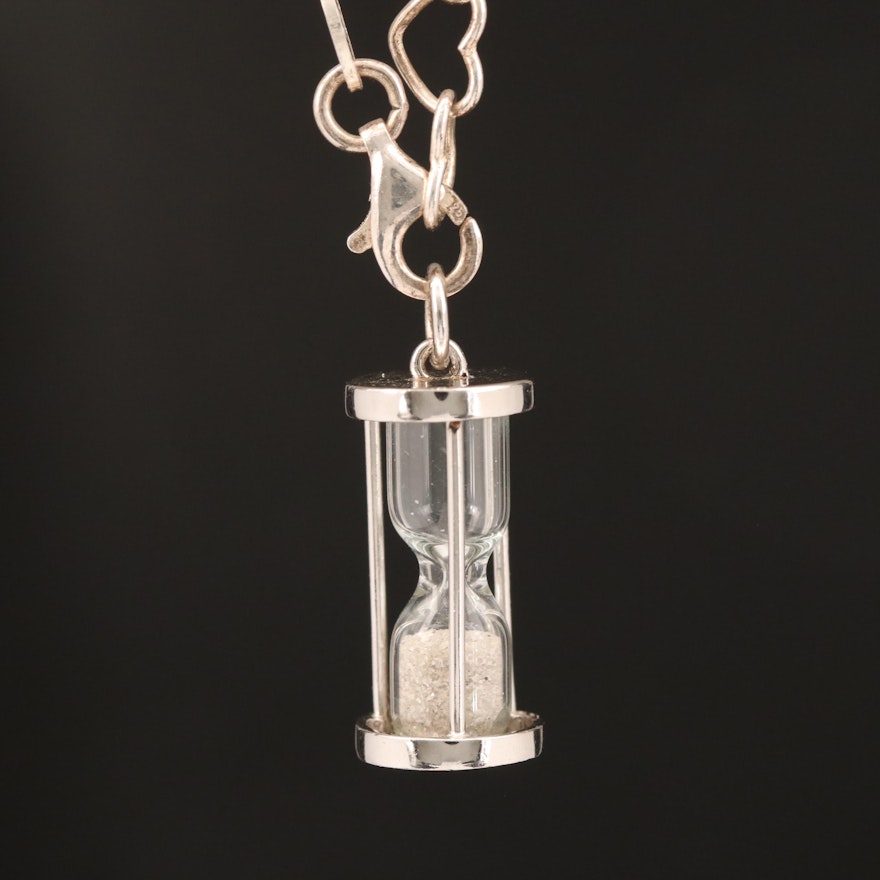 Sterling Glass Hourglass Pendant with Heart Link Chain