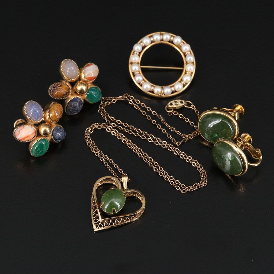 Vintage Jewelry Featuring Pearl, Nephrite and Tiger's Eye