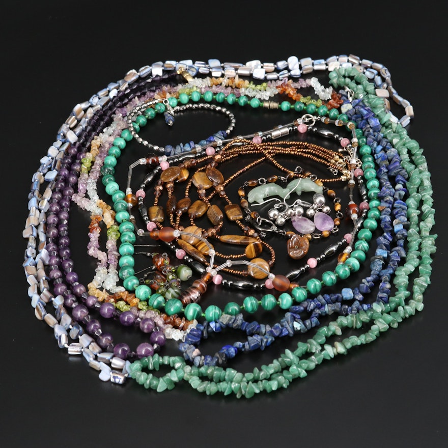 Gemstone Jewelry Featuring Malachite, Tiger's Eye and Amethyst