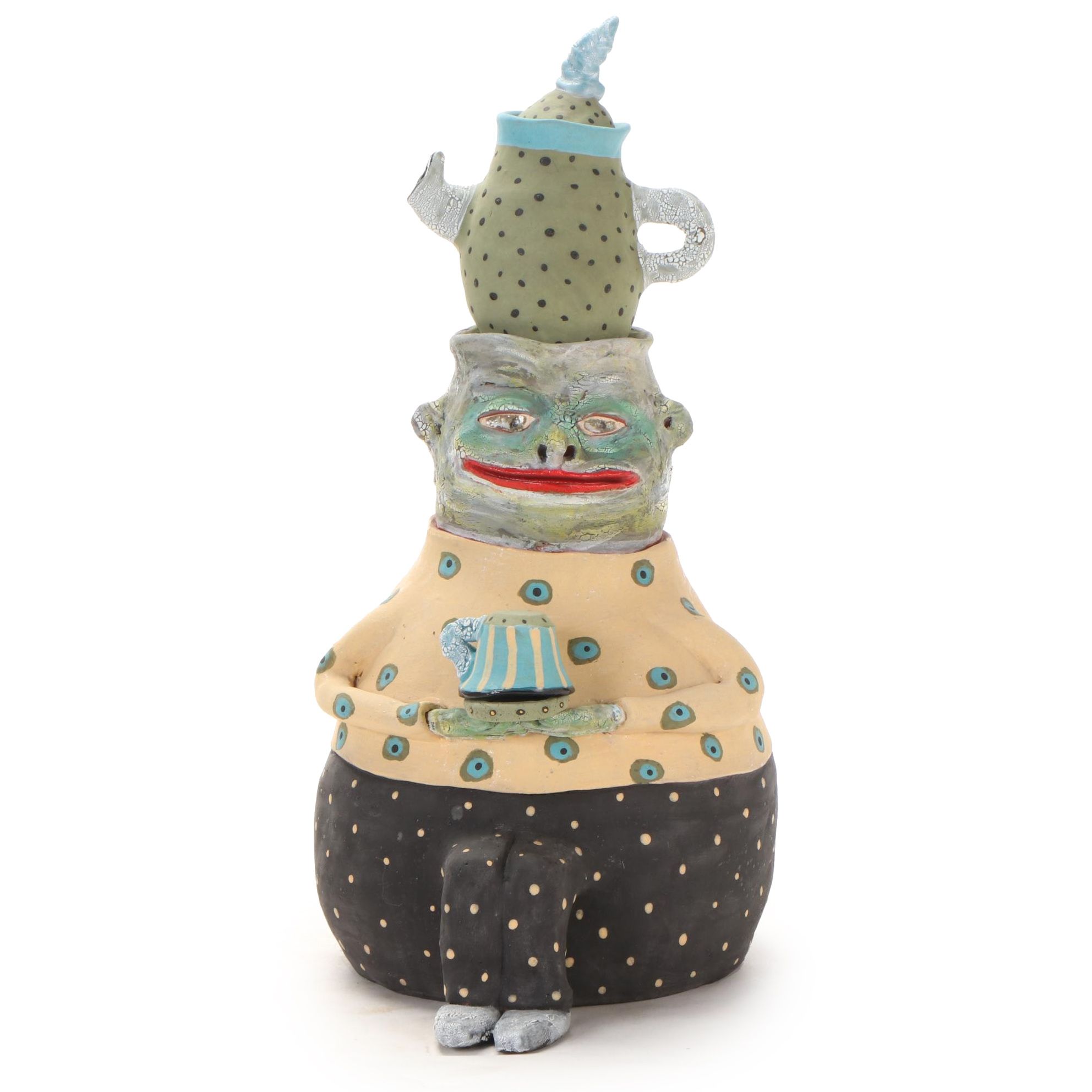 Deb Fleck-Stabley Glazed Terracotta Sculpture of Creature with Tea, 2001