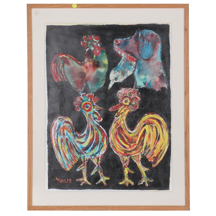 Charles Tullio Acrylic Painting of Chickens and Dog, Late 20th Century