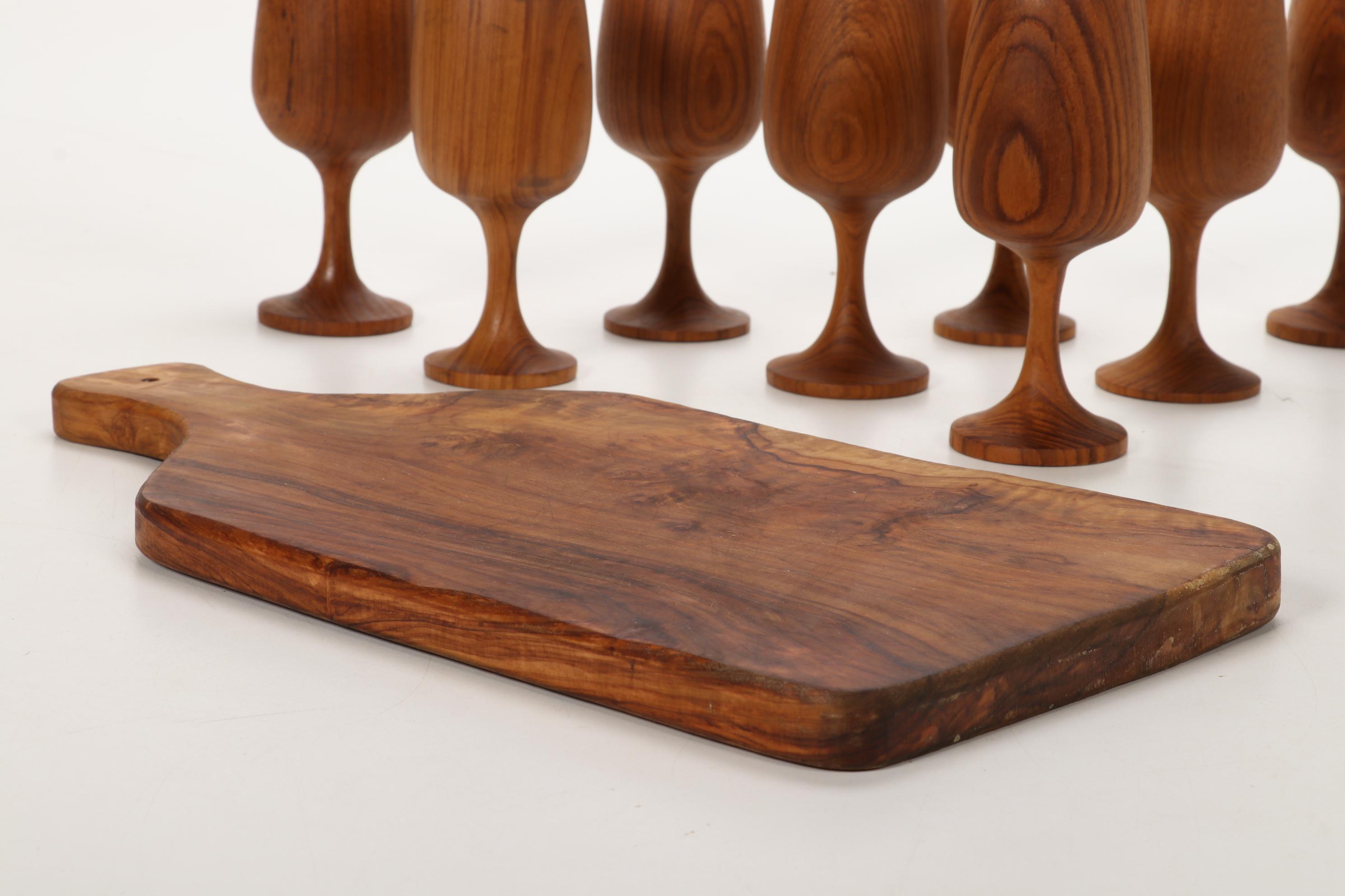 Bernard Olivewood Cheese Board with Cutting Board and Wine Glasses