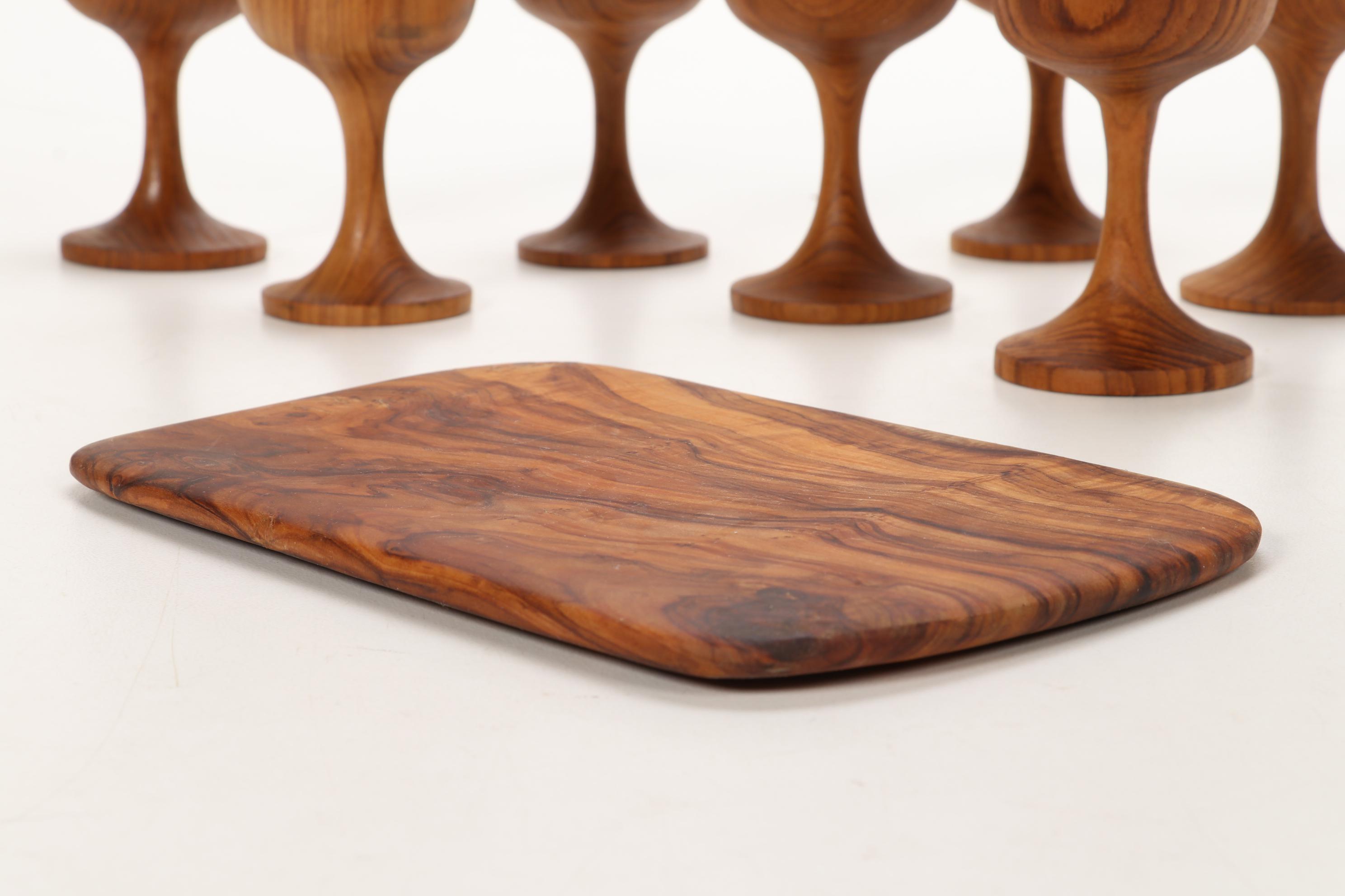 Bernard Olivewood Cheese Board with Cutting Board and Wine Glasses