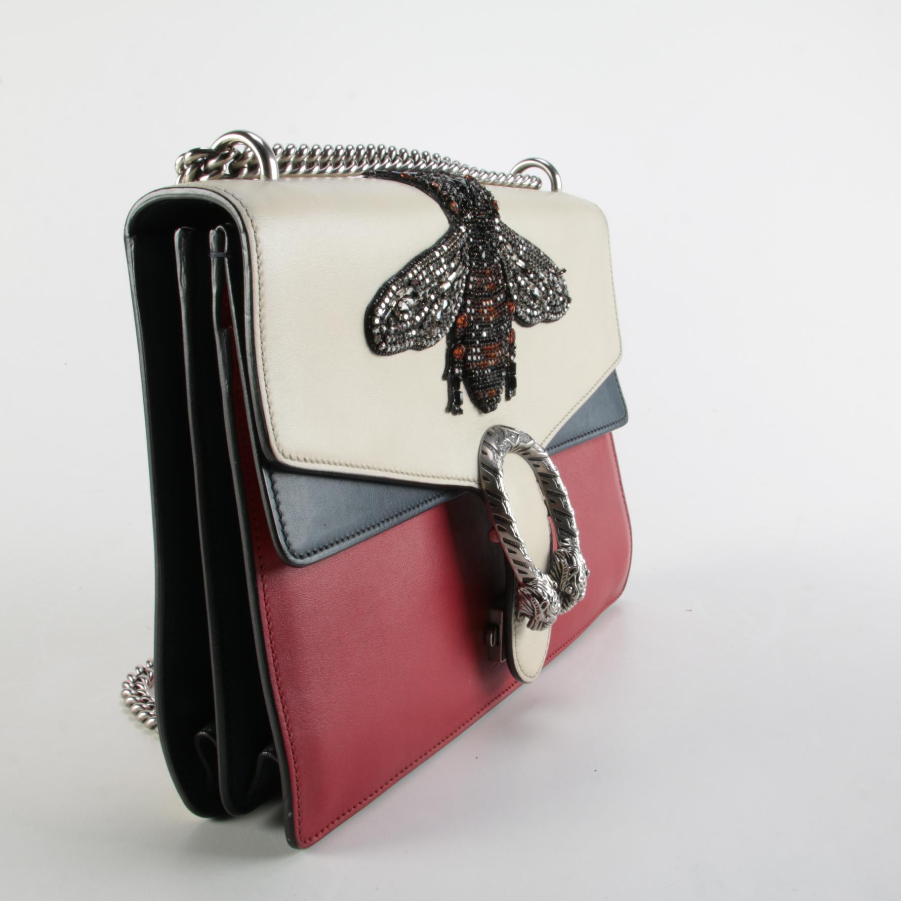 Gucci Dionysus Bag in Red, Ecru, and Navy Leather with Embellished Bee Appliqué