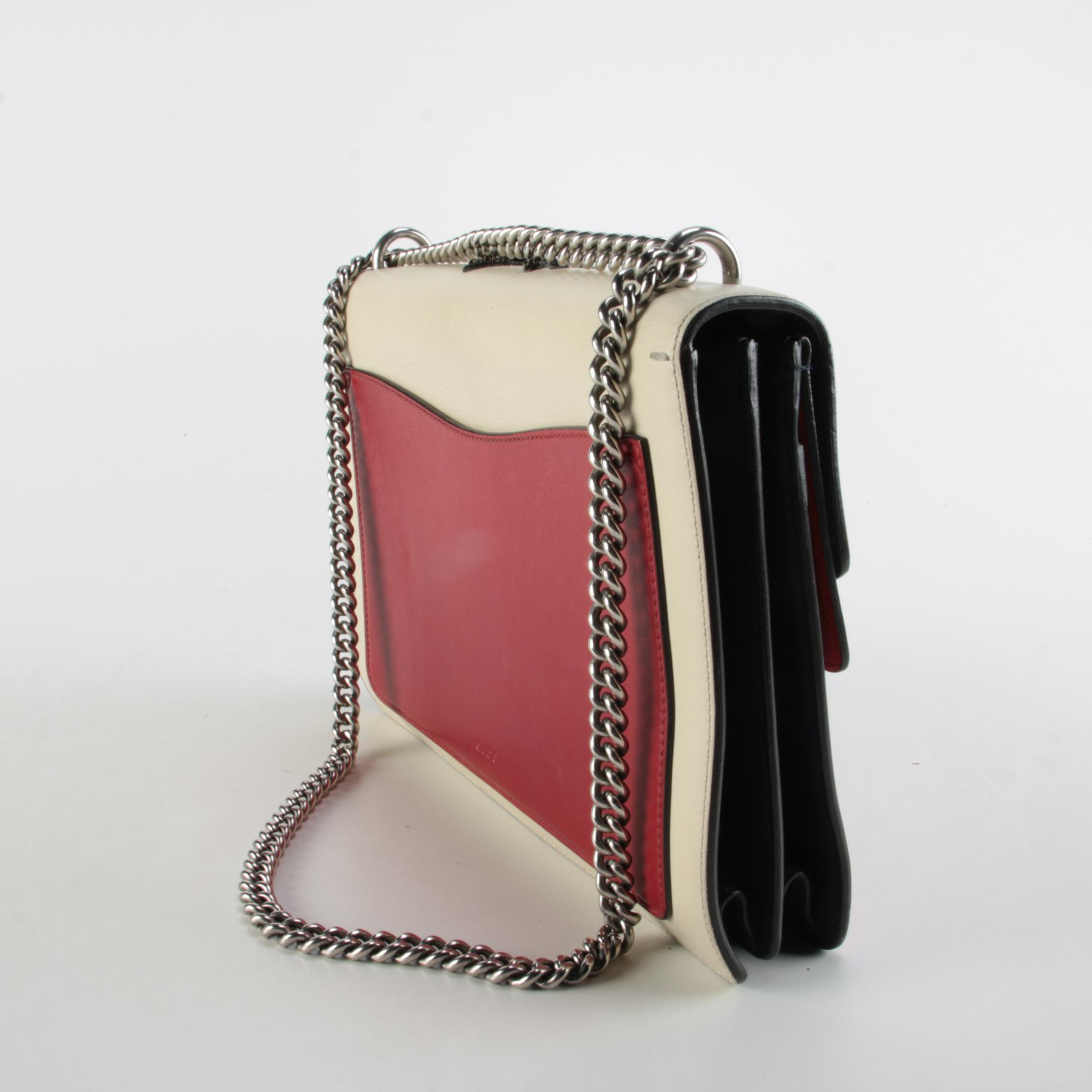 Gucci Dionysus Bag in Red, Ecru, and Navy Leather with Embellished Bee Appliqué