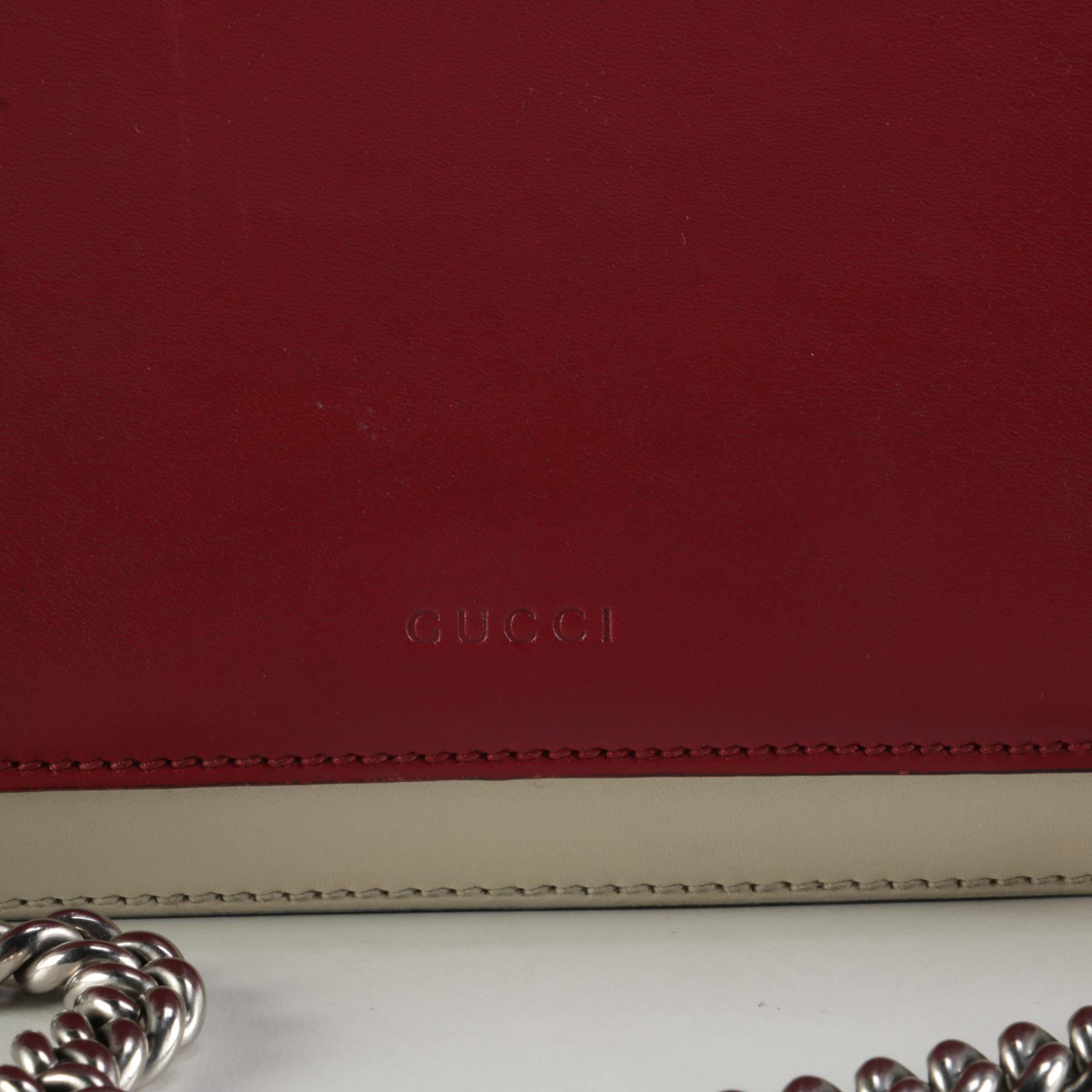 Gucci Dionysus Bag in Red, Ecru, and Navy Leather with Embellished Bee Appliqué