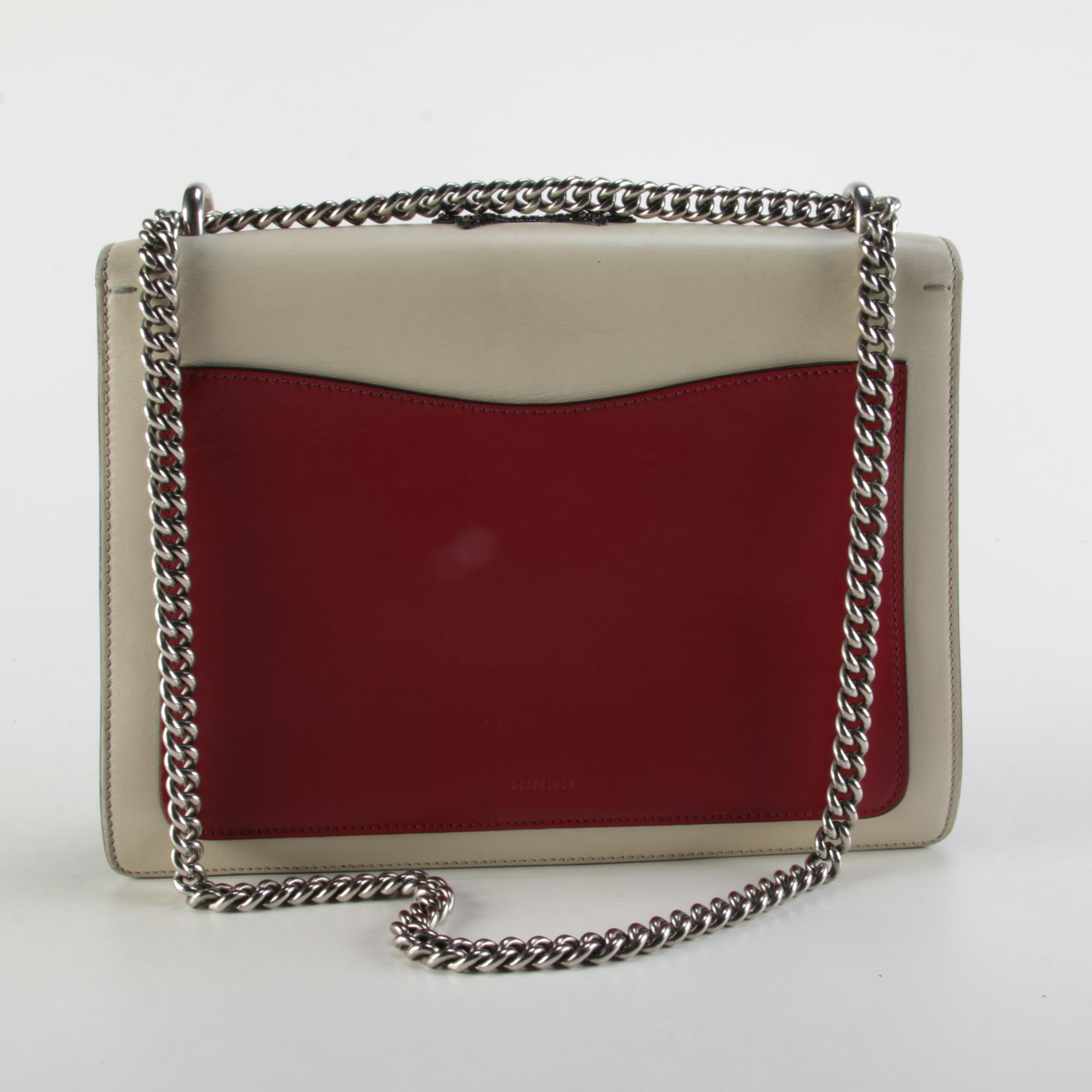 Gucci Dionysus Bag in Red, Ecru, and Navy Leather with Embellished Bee Appliqué