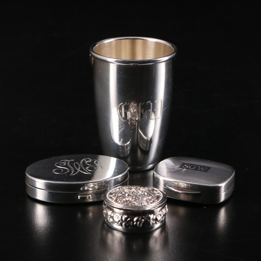 Tiffany & Co. Sterling Pill Box and Compact with Gorham Sterling Shot Glass