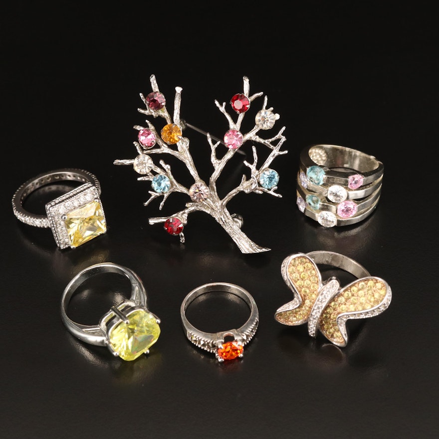 Sterling Rings and Tree Brooch with Cubic Zirconia, Rhinestone and Marcasite