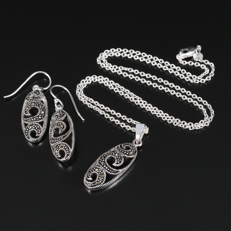 Marcasite Scroll Pendant Necklace and Drop Earrings