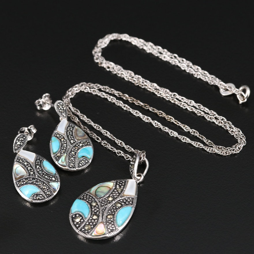 Sterling Turquoise, Mother of Pearl, Abalone and Marcasite Necklace and Earrings