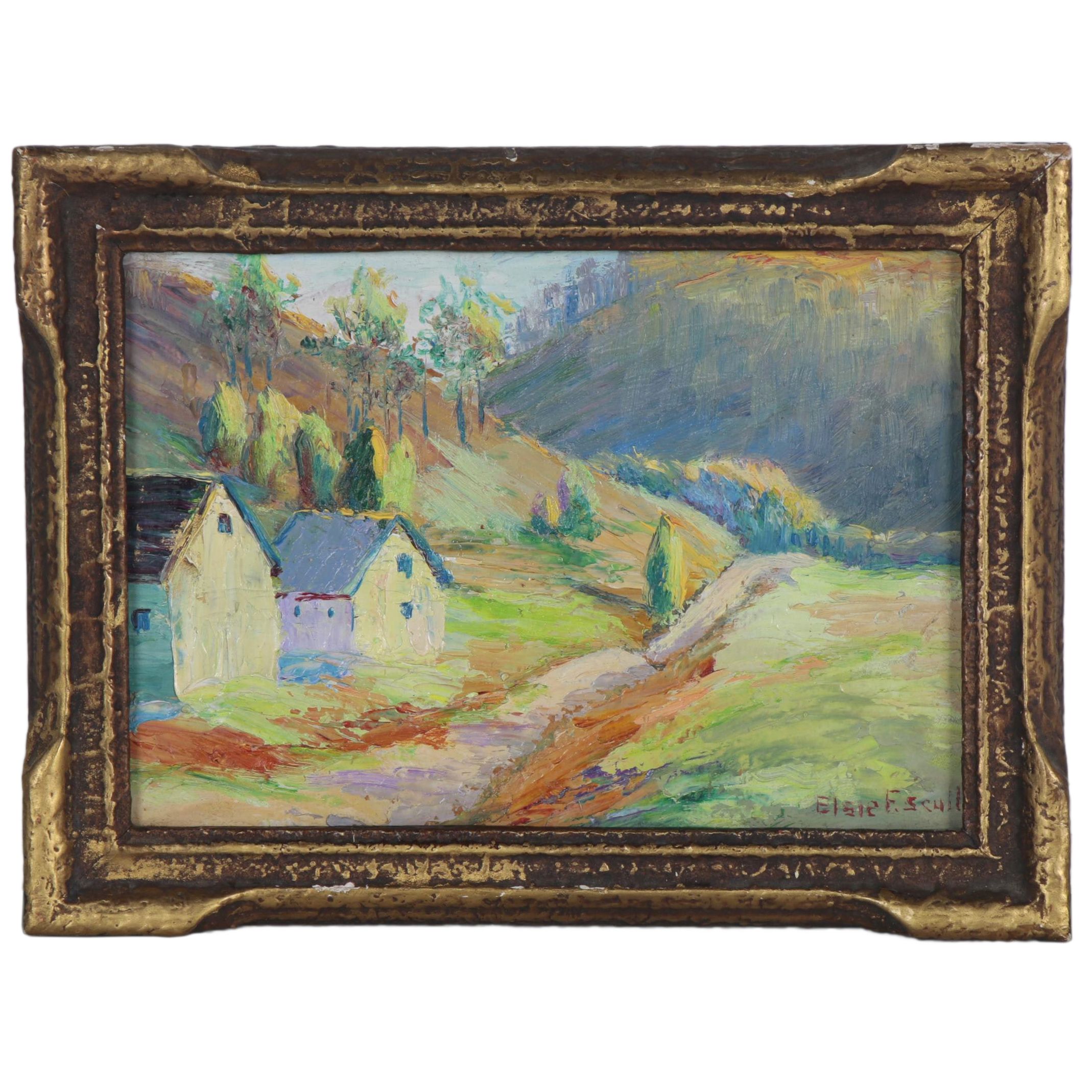 Elsie Scull Oil Painting of Landscape with Cottages, Early to Mid-20th Century