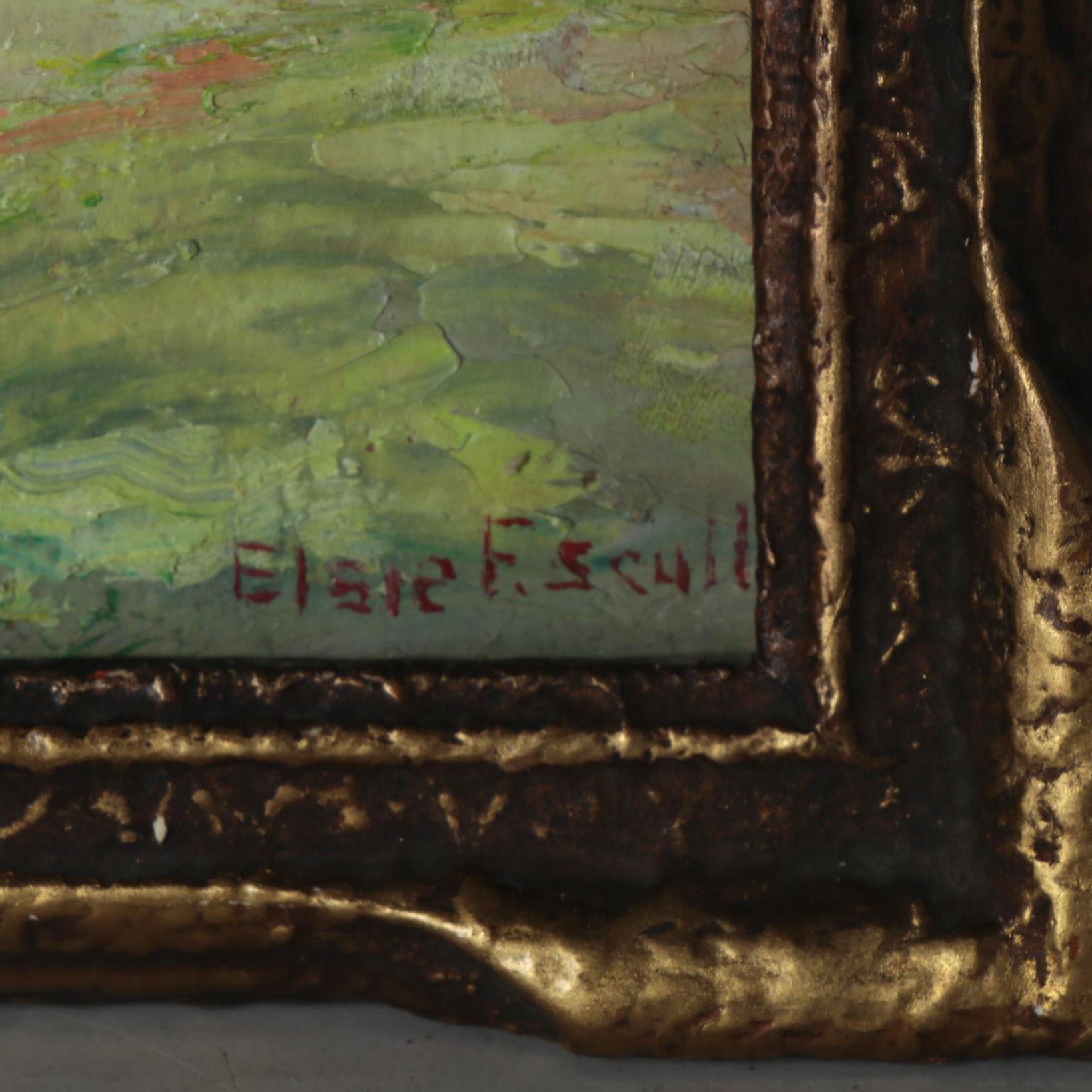 Elsie Scull Oil Painting of Landscape with Cottages, Early to Mid-20th Century