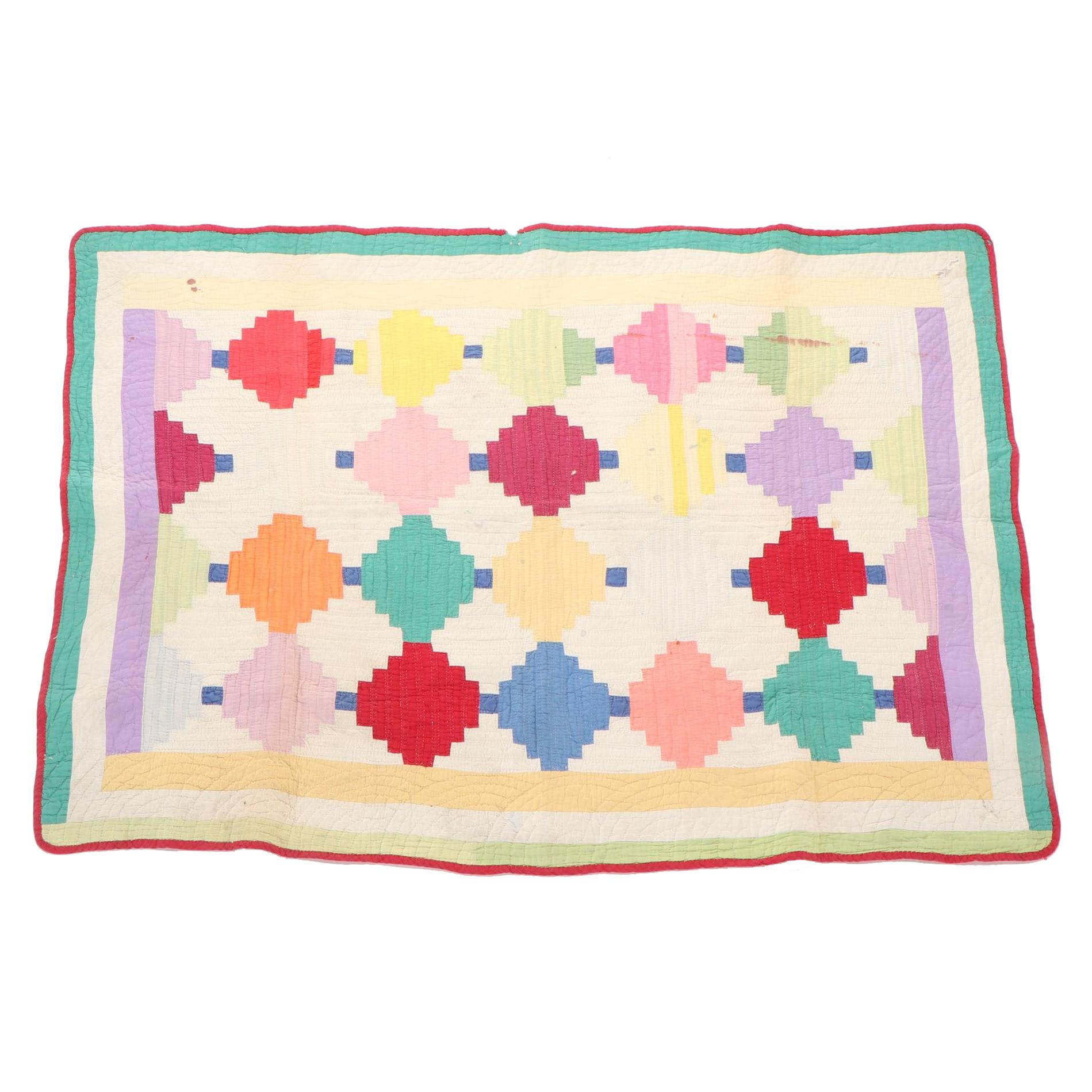 Handcrafted "Courthouse Steps Log Cabin" Pieced Feed Sack Quilt, Early 20th C.