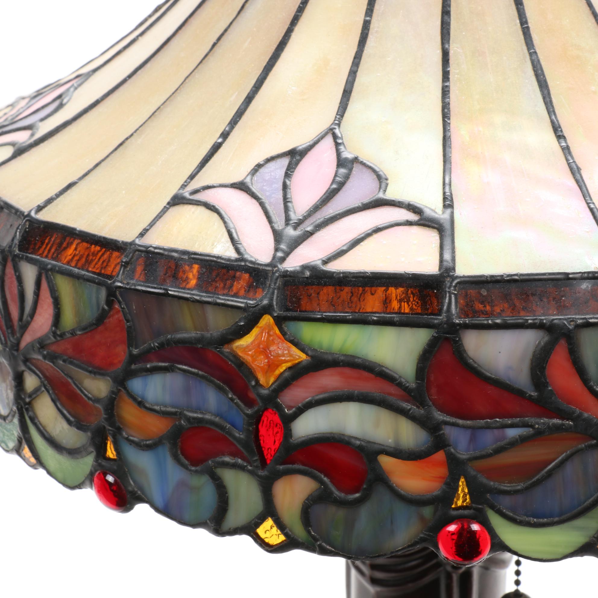 Art Nouveau Style Table Lamp with Slag and Stained Glass Shade