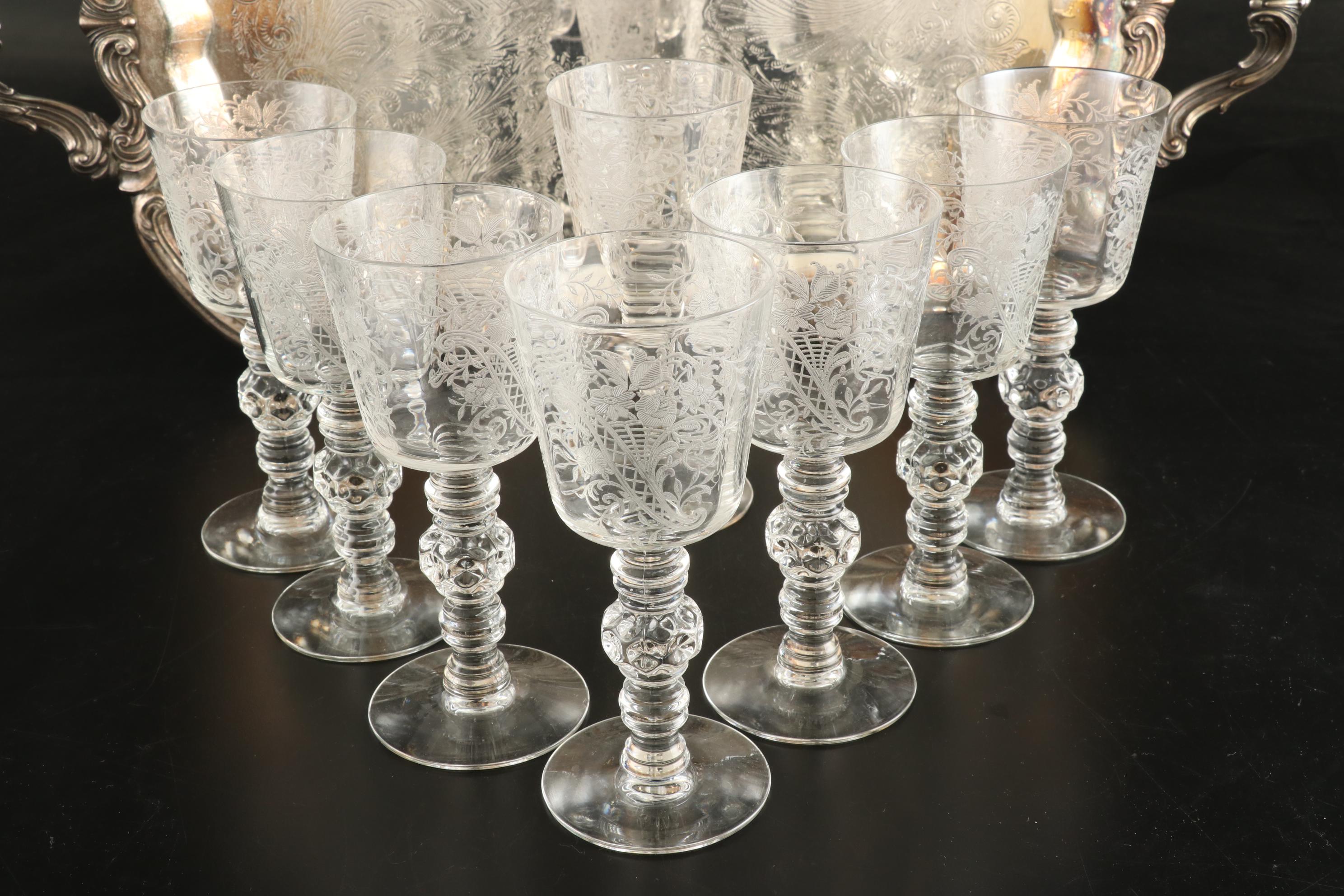 F. B. Rogers Silver Plate Tray with Etched Wine Glasses, Mid-20th C.