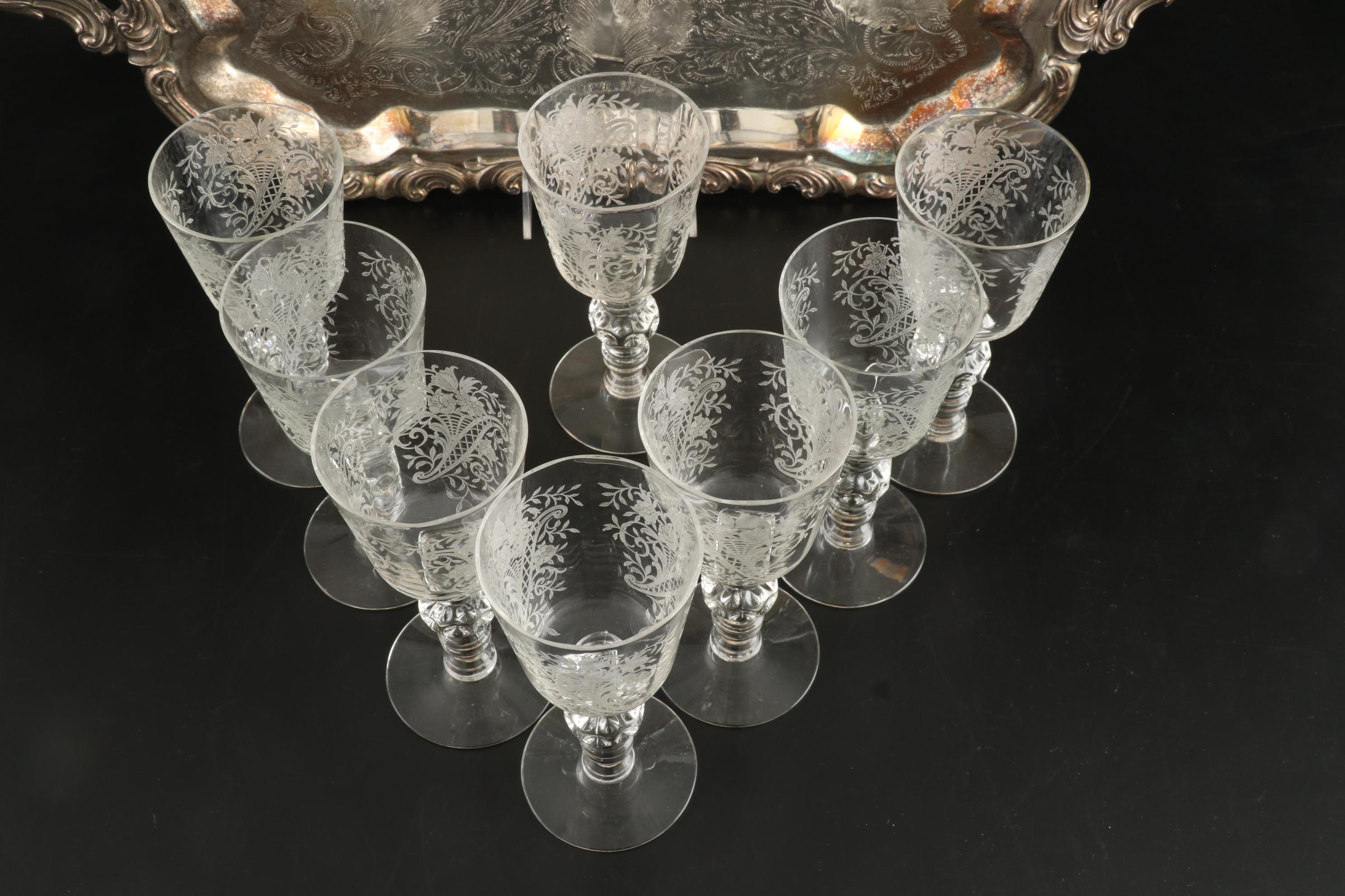 F. B. Rogers Silver Plate Tray with Etched Wine Glasses, Mid-20th C.
