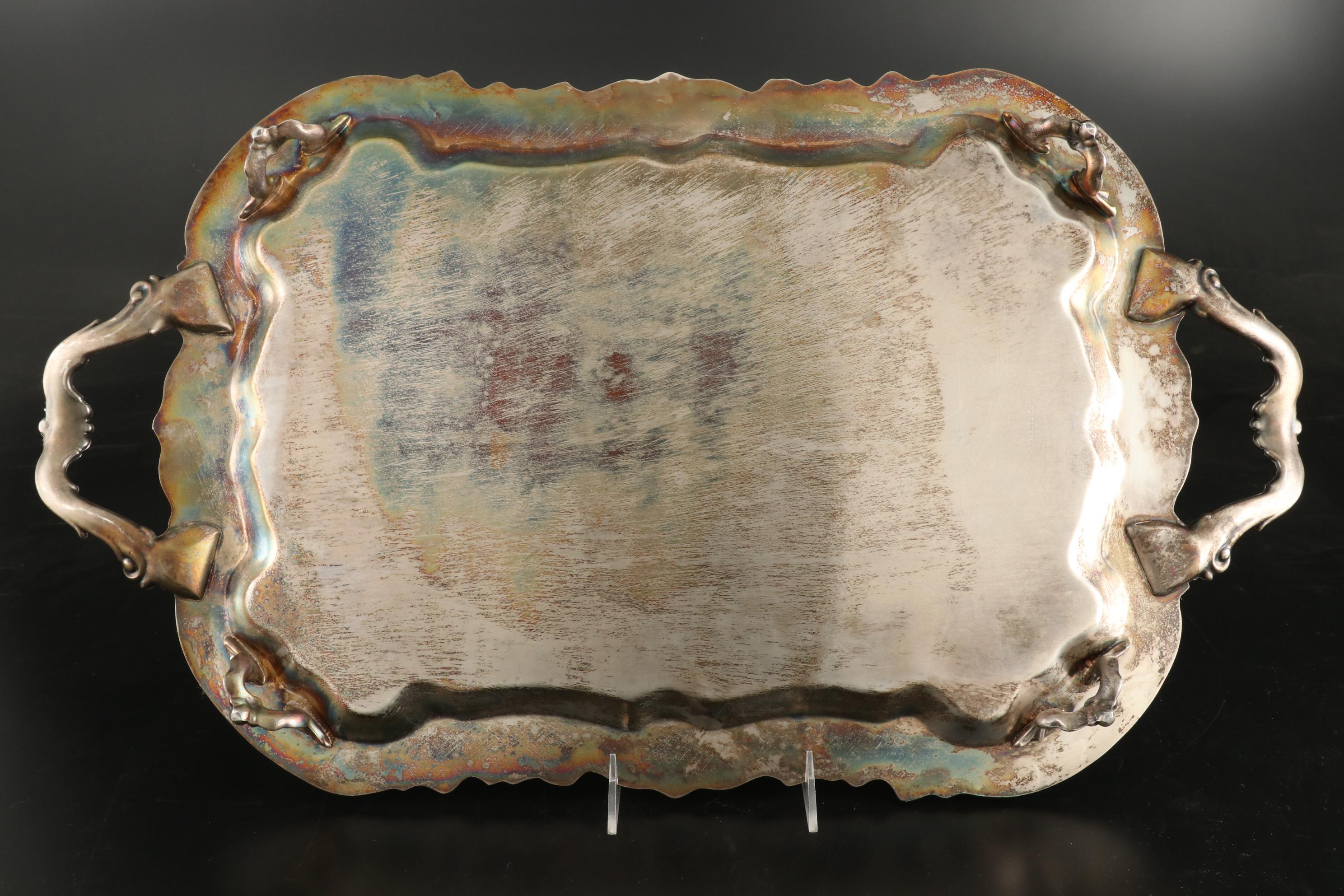 F. B. Rogers Silver Plate Tray with Etched Wine Glasses, Mid-20th C.