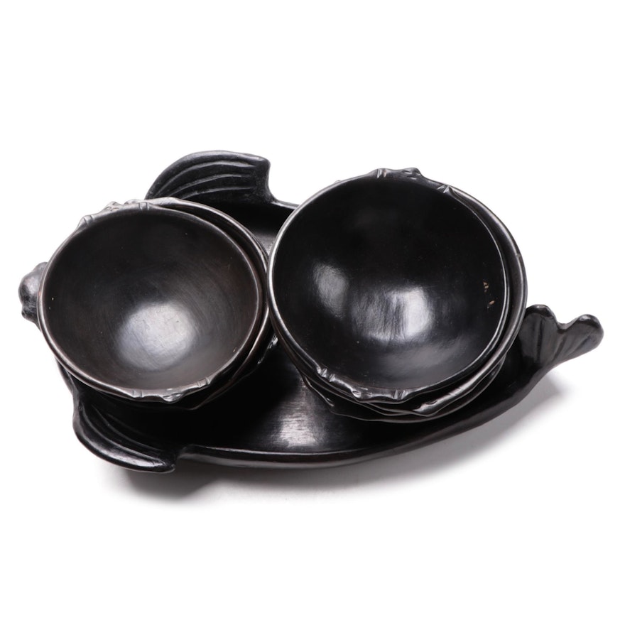 Burnished Black Earthenware Seal Tray with Bowls