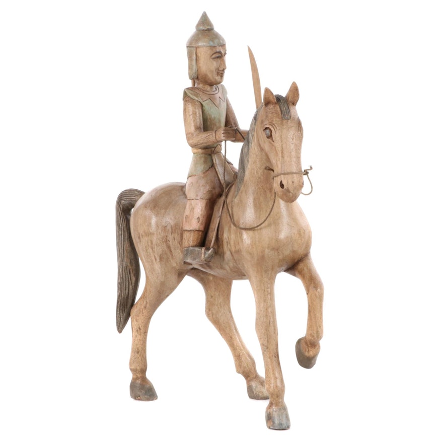 Southeast Asian Style Carved Wood Equestrian Figure