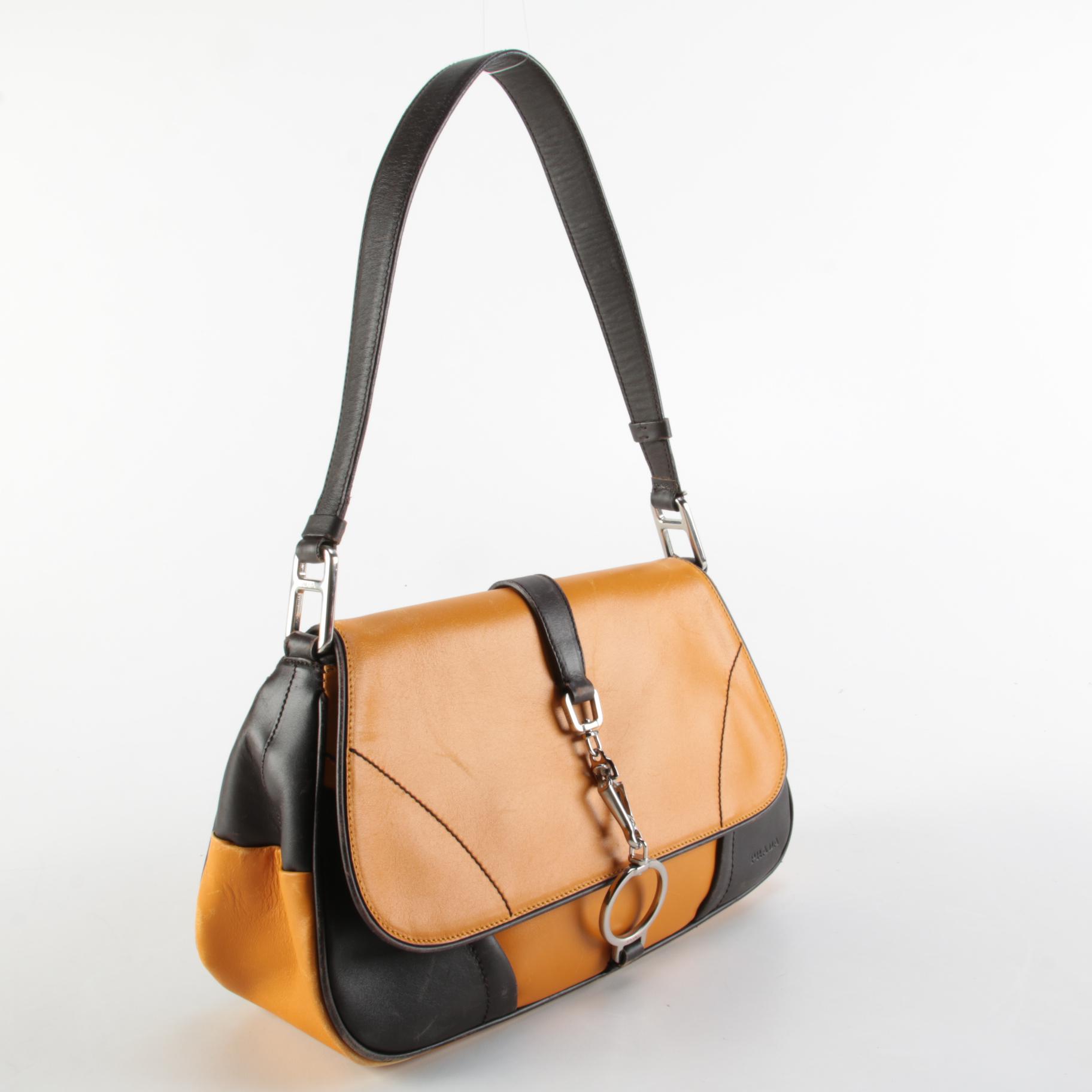 Prada Yellow and Dark Brown Leather Front Flap Shoulder Bag