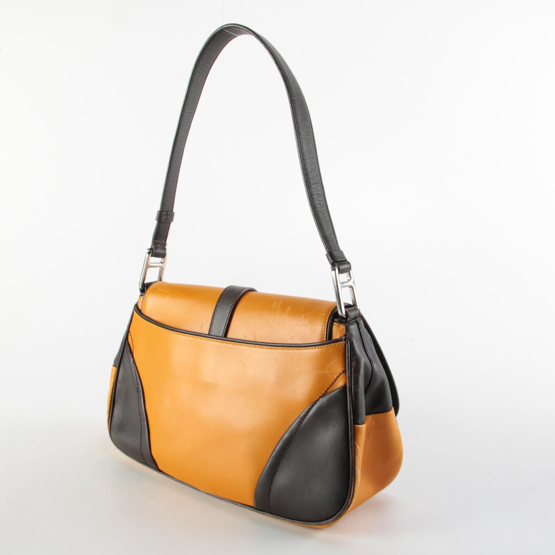 Prada Yellow and Dark Brown Leather Front Flap Shoulder Bag