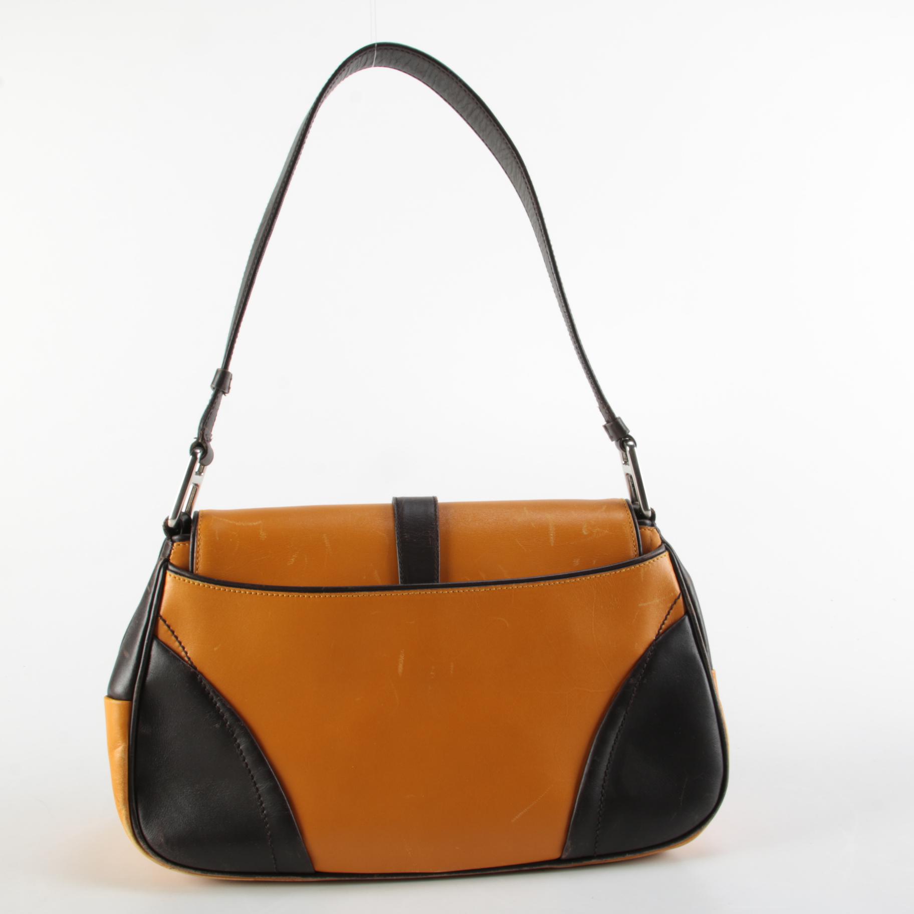 Prada Yellow and Dark Brown Leather Front Flap Shoulder Bag