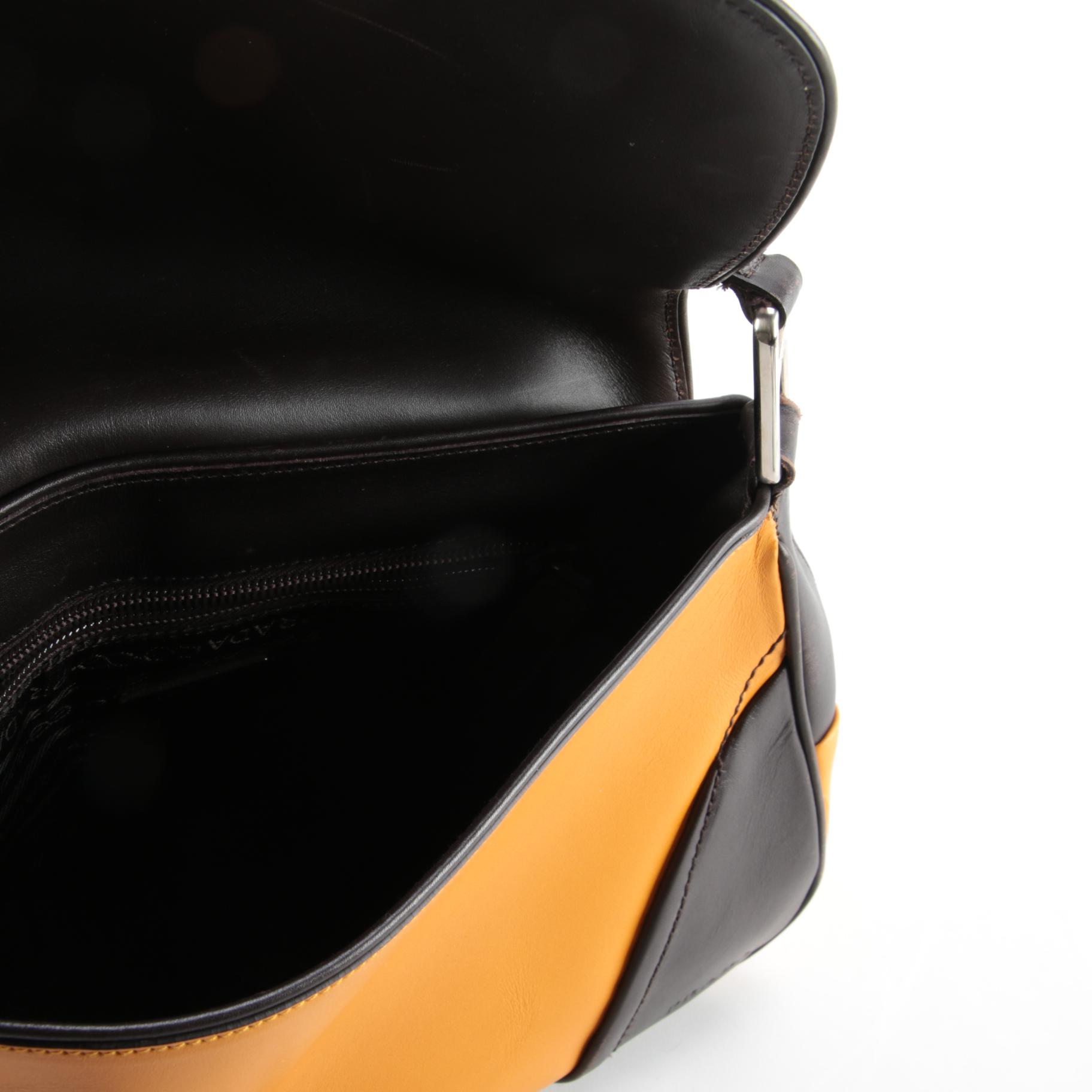 Prada Yellow and Dark Brown Leather Front Flap Shoulder Bag