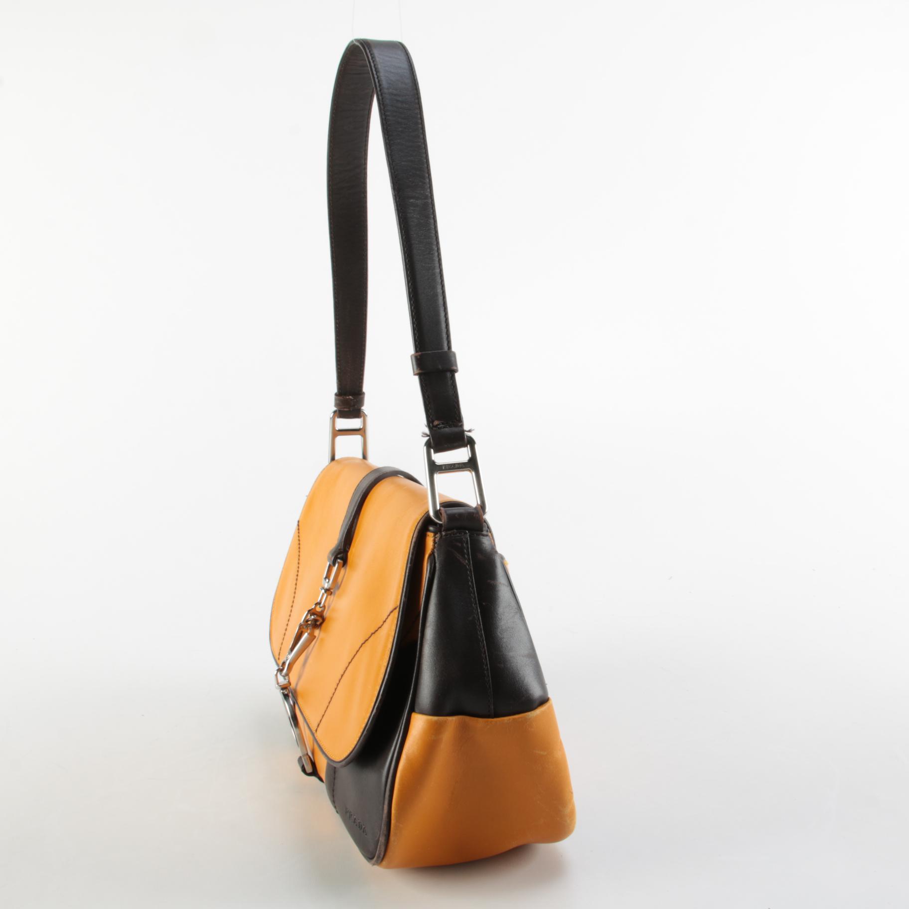 Prada Yellow and Dark Brown Leather Front Flap Shoulder Bag