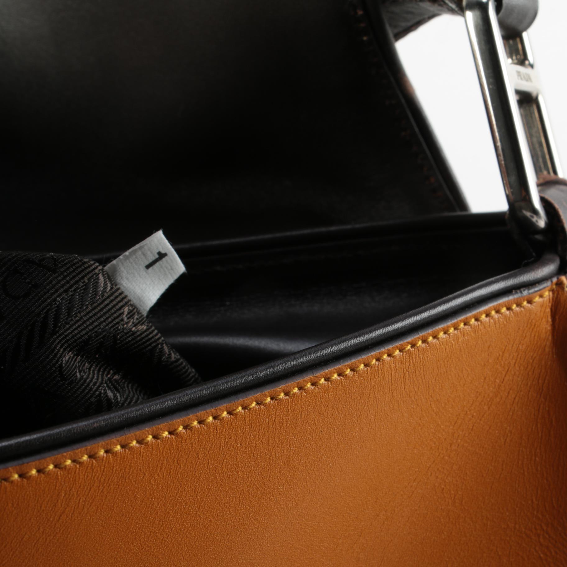 Prada Yellow and Dark Brown Leather Front Flap Shoulder Bag