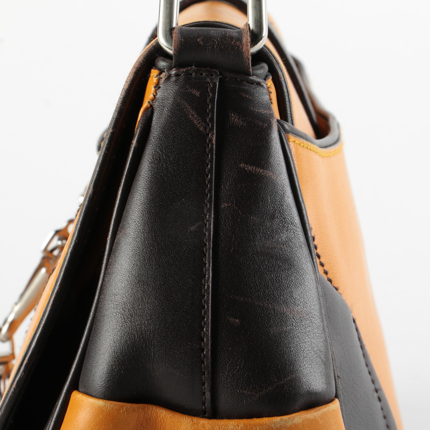 Prada Yellow and Dark Brown Leather Front Flap Shoulder Bag