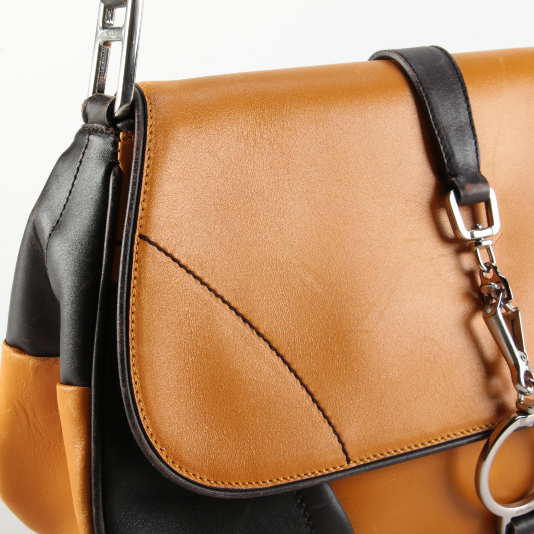 Prada Yellow and Dark Brown Leather Front Flap Shoulder Bag