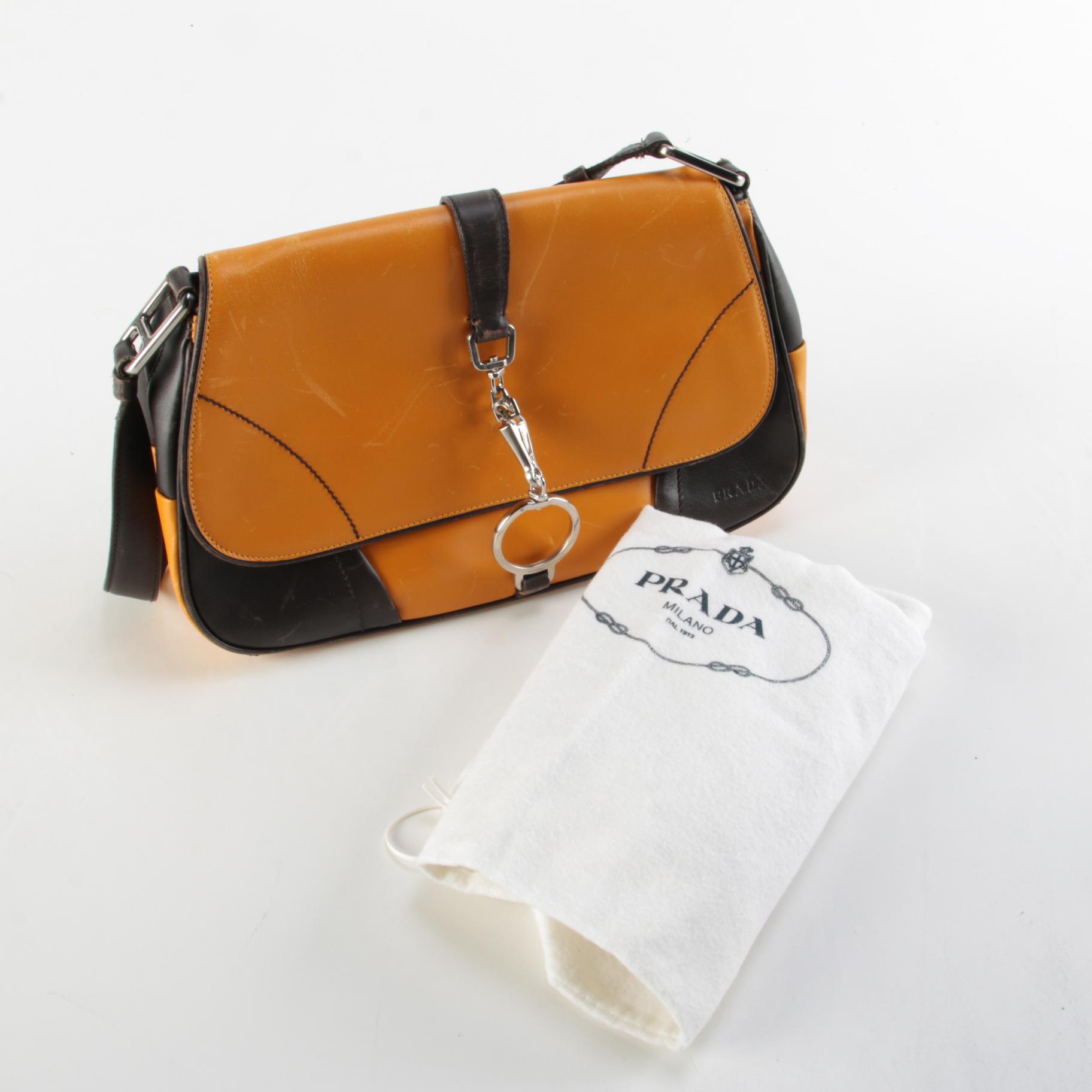 Prada Yellow and Dark Brown Leather Front Flap Shoulder Bag