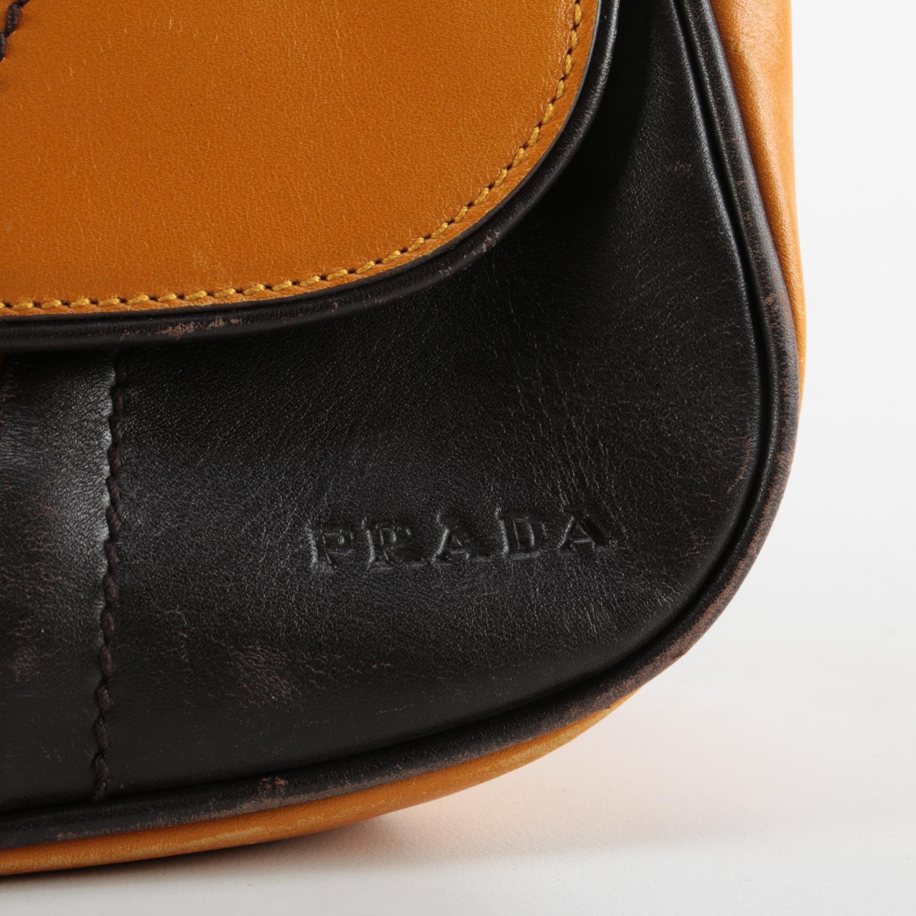 Prada Yellow and Dark Brown Leather Front Flap Shoulder Bag