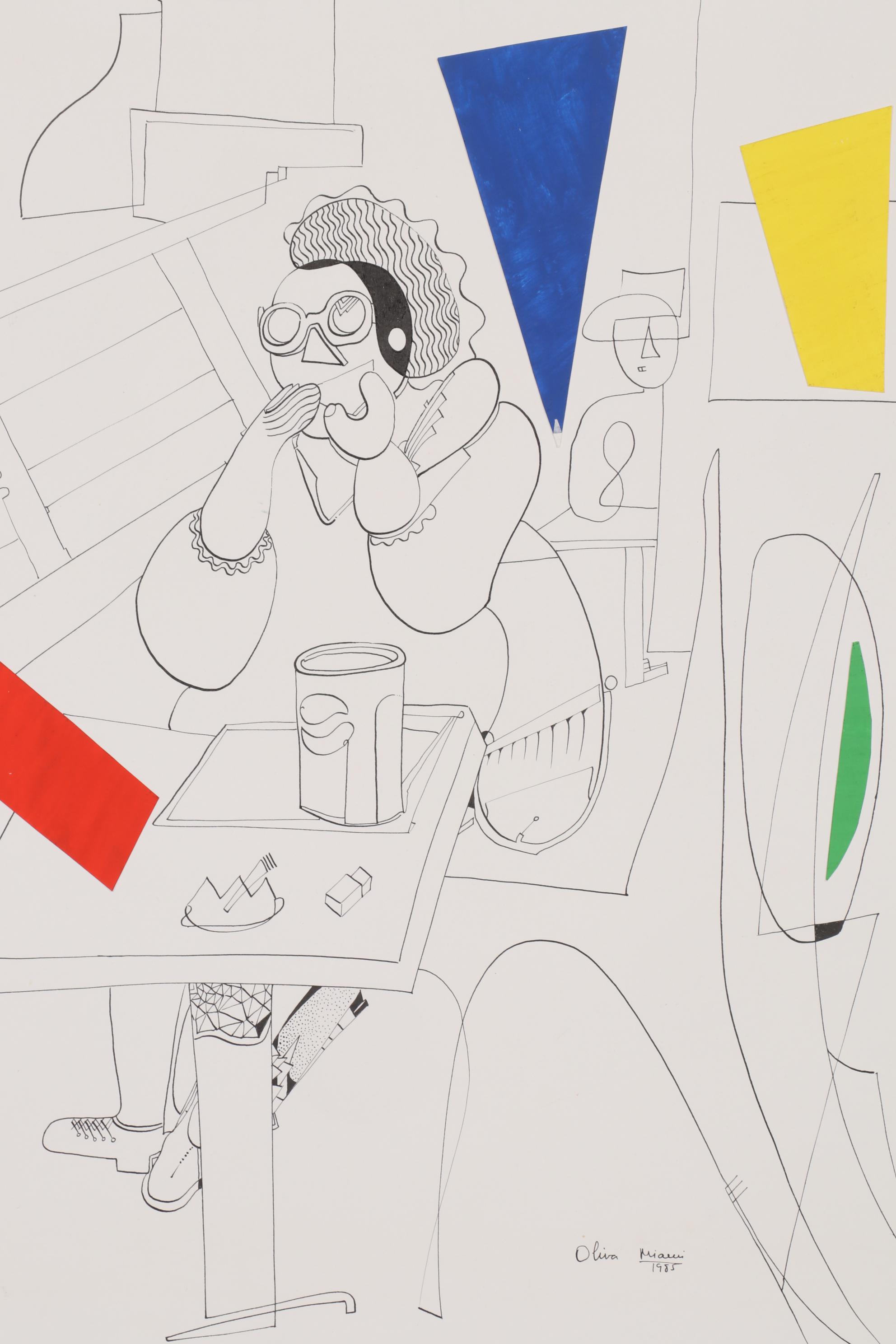 Eduardo Oliva Figural Ink Drawing, 1985