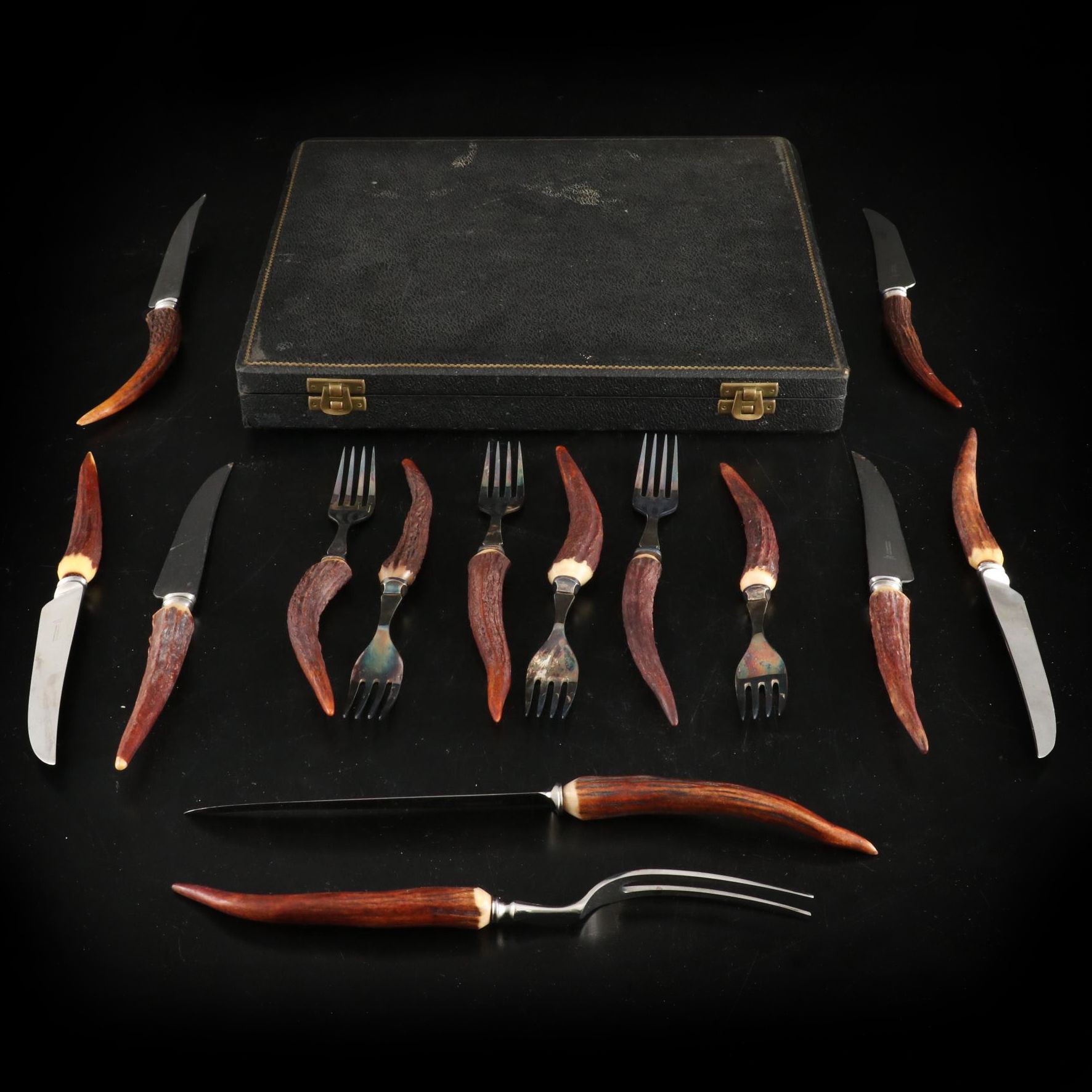 J. Sanderson & Son Sheffield England Antler Handle Carving Set, Early-Mid 20th C