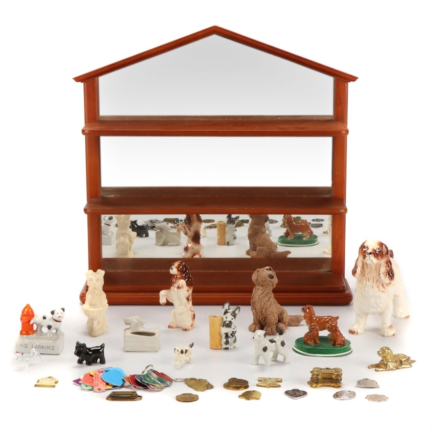 Dog Figurines, and Dog Tags with Wood Mirrored Wall Shelf, Late 20th Century