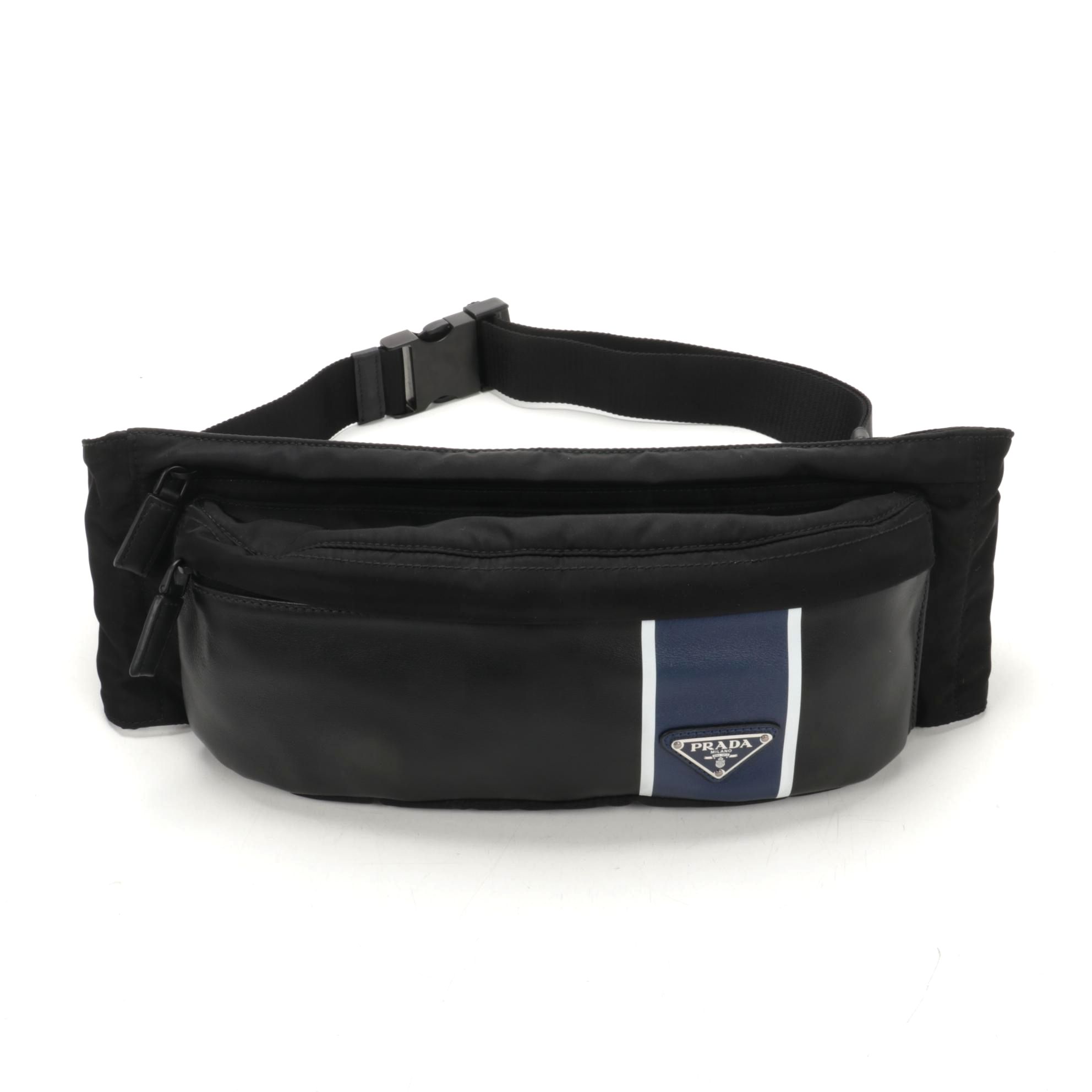 Prada Belt Bag in Printed Leather and Black Tessuto Nylon