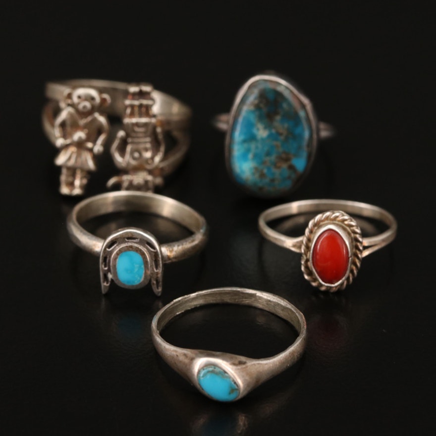 Western Sterling Silver Turquoise and Coral Rings Featuring Kachinas
